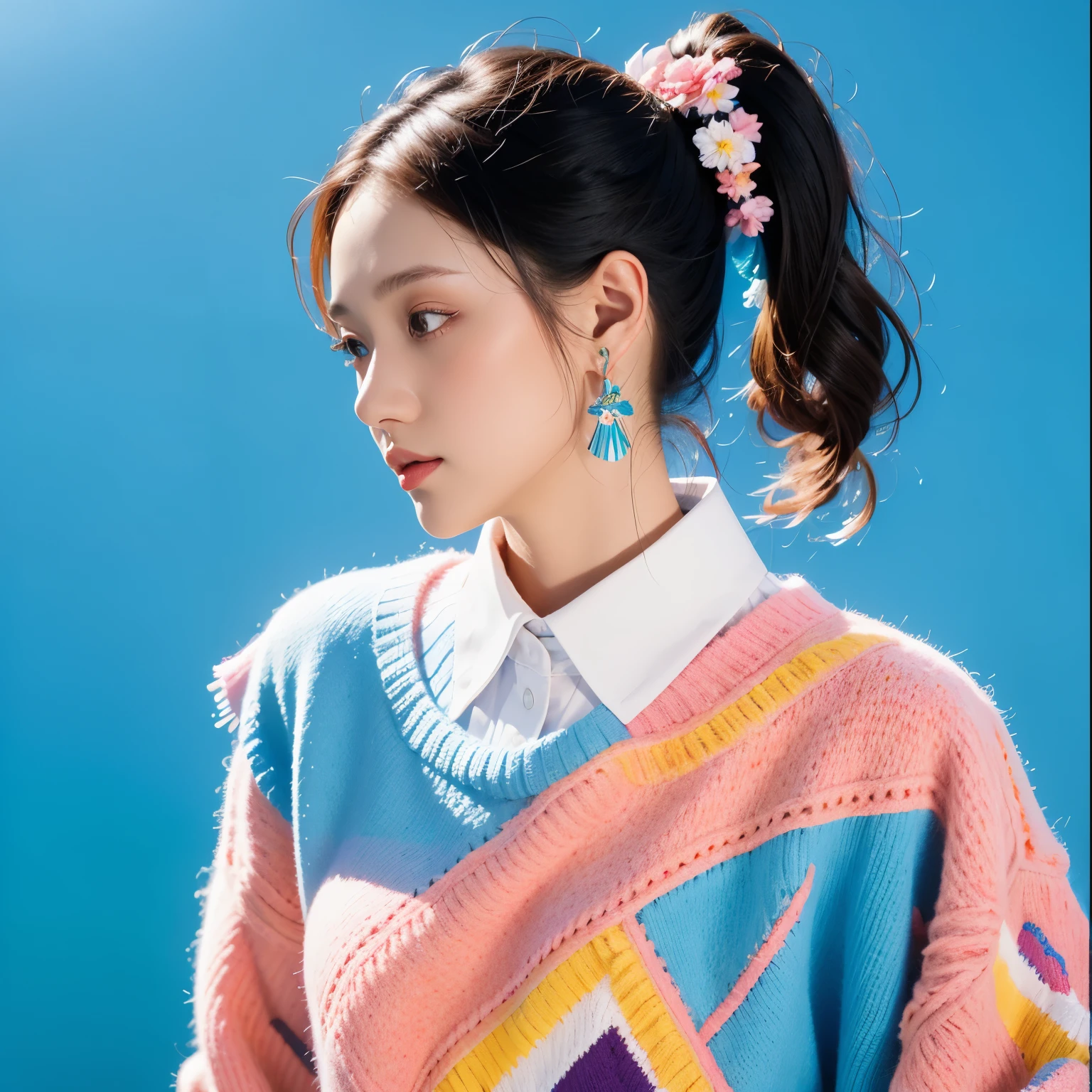 (masterpiece, best quality:1.2),illustration art，watercolor，black irregular lines，a beautiful girl，Skin detail processing，The eyes are very detailed，fine hair，ponytail，Loose and lazy sweater，White geometric pattern，Sweater details，hairy，Warm，similar to skirt，Retro contrasting colors，Flower brooch，clean background，green，blue，Red，
