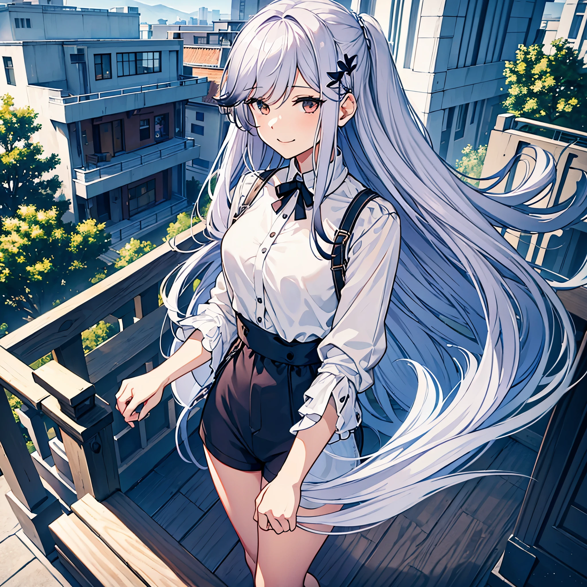 a woman wearing a white shirt, short black shorts, on a balcony of a modern house, long silver hair, brown eyes, smiling.
