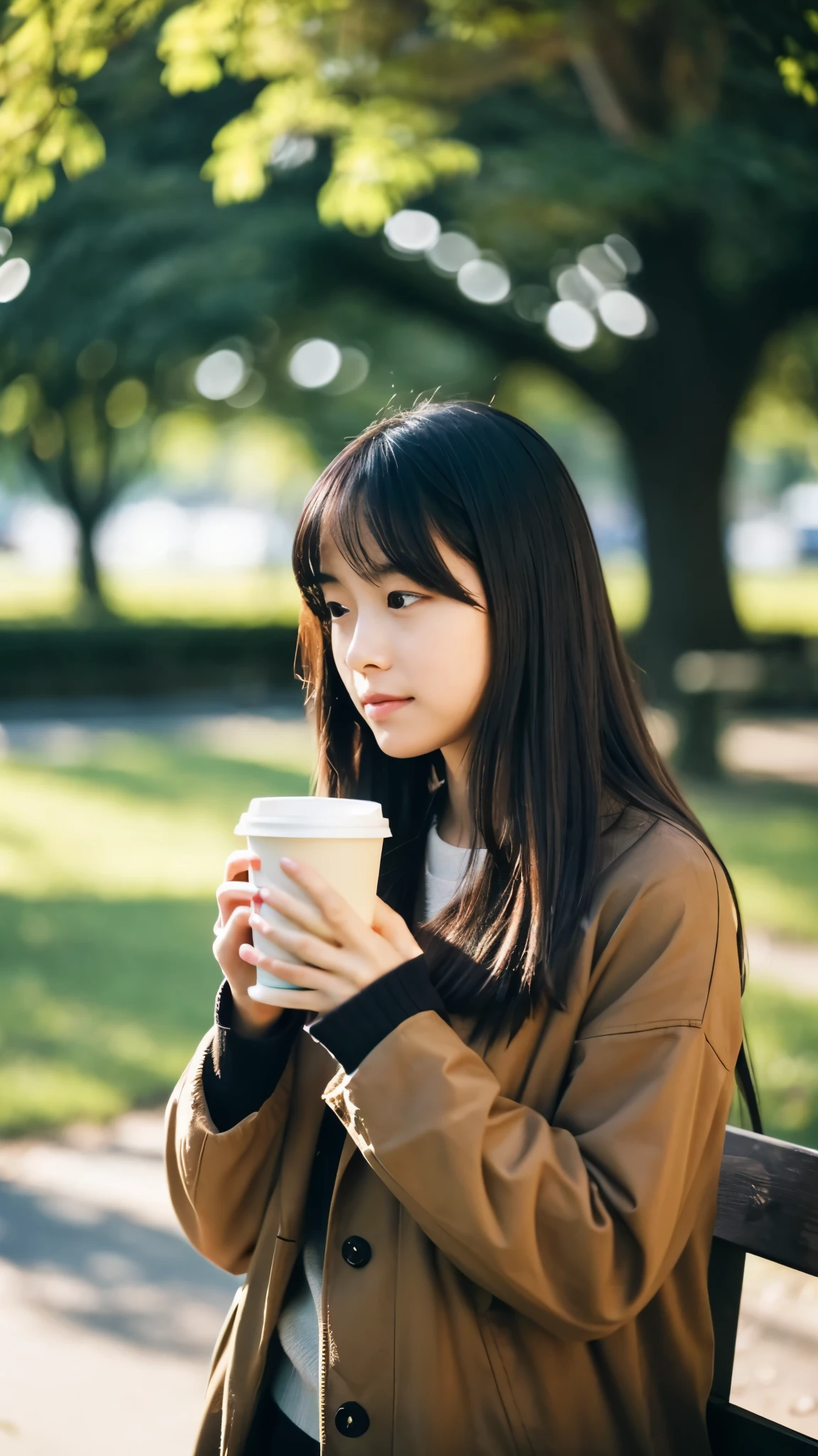A young Japanese woman is standing in a park, embodying a mix of sadness and hope. It's been raining, so the atmosphere is a bit gloomy, yet there's a gentle warmth to her. She's dressed casually, her hair slightly damp from the rain, and she's looking directly at the camera with a thoughtful expression. A faint smile plays on her lips, suggesting the beginning of emotional recovery. The background is a blurred park setting, with trees and a bench subtly visible. This image captures the moment she finds solace and support, hinting at a hopeful future. Her pose is relaxed, and she's holding a warm cup of coffee in one hand, symbolizing comfort. The aspect ratio is 9:16, focusing on her upper body.