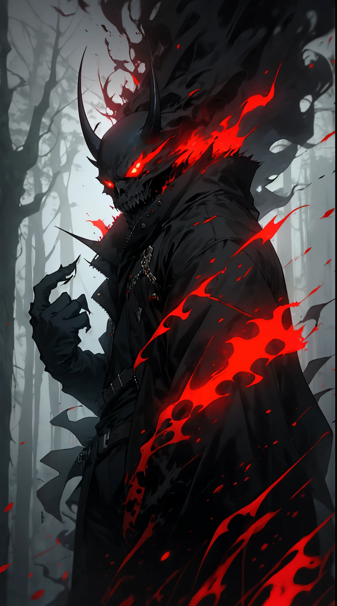 (detailed horns mask:1.2),(dark,evil) atmosphere,(mysterious,ominous,gritty) texture,1demonic character,sharp fangs,glowing red eyes,long sharp horns,pale skin,black claws,overgrown dark forest,ominous moonlight,heavy fog,spooky ambiance,bloody red color scheme,haunting shadows,creepy mist,horror genre,nightmarish,dynamic lighting,high contrast,ethereal feel,vivid colors
