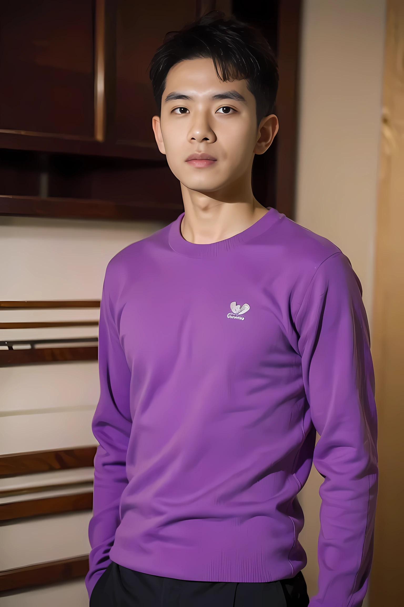 Realistic photography, Handsome Taiwanese man , Purple Shirt