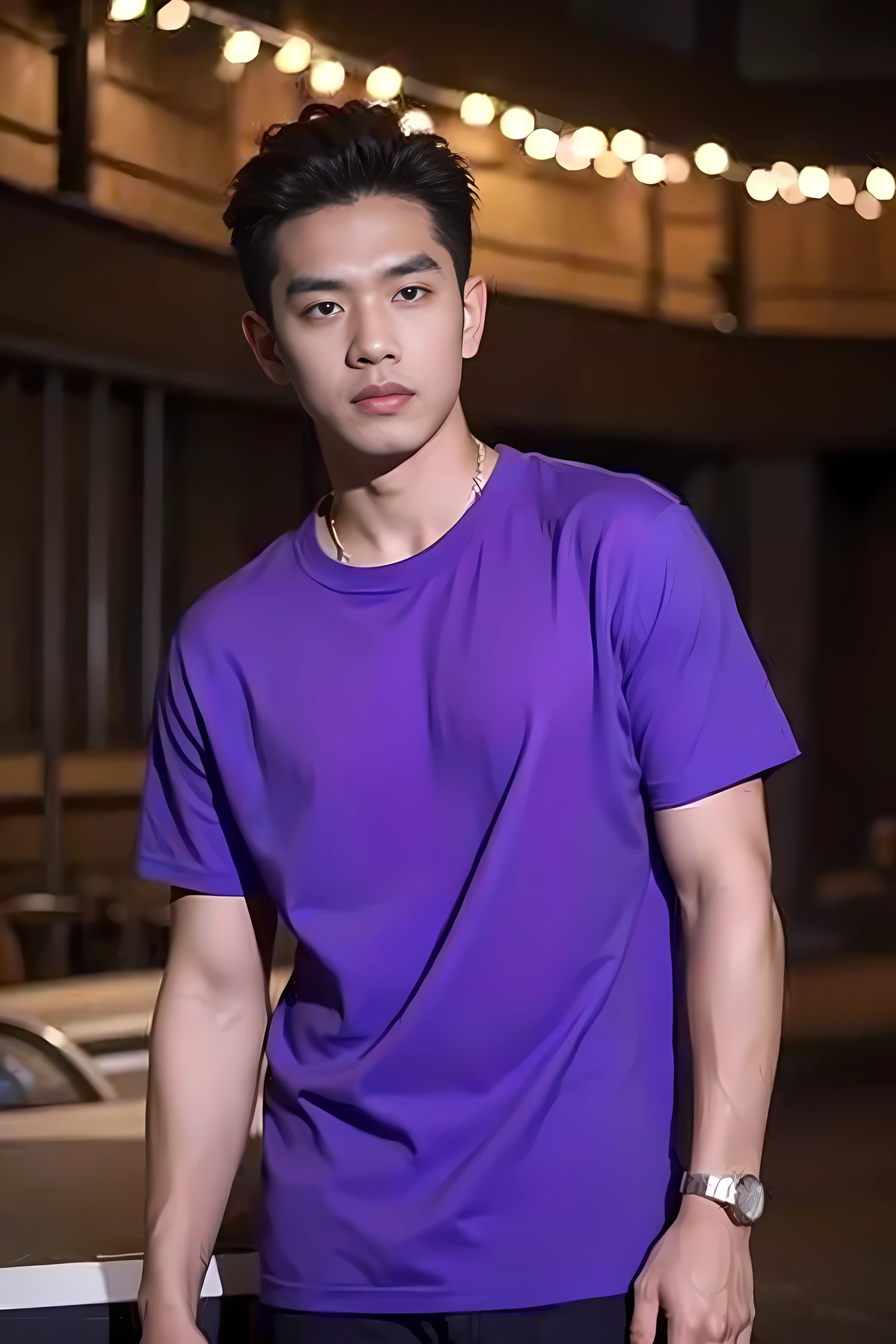 Realistic photography, Handsome Taiwanese man , Purple Shirt