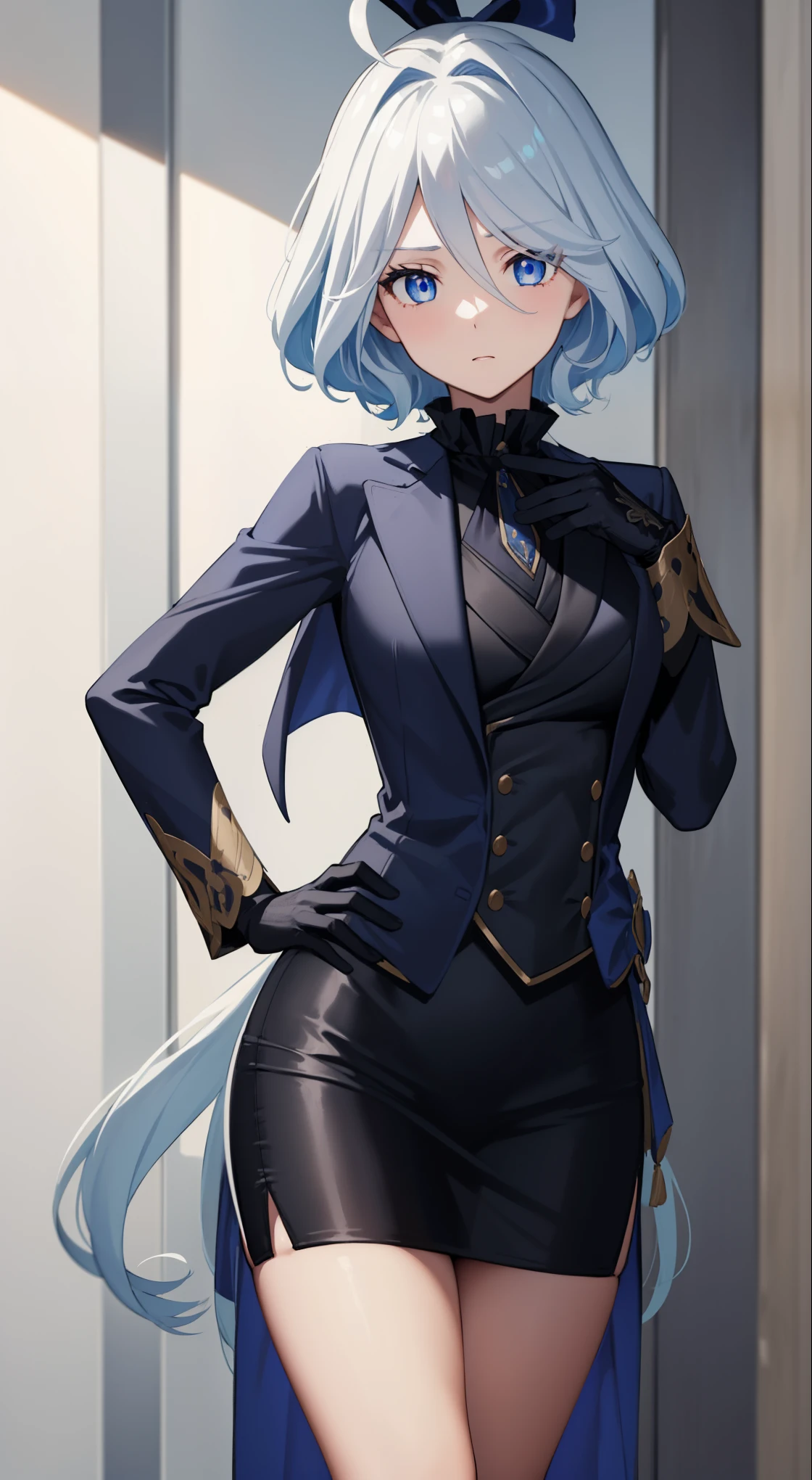 furin, furin стоит в полный рост, Blue eyes, blue hair, pappus, Ahoge, hair over one eye, light blue hair, short hair,
break asymmetrical gloves, black gloves, long skirt suit, (((Troika costume))), (((tie))), blazer, (((blazer))), (((vest))), double-breasted vest, tight skirt, pencil skirt, black heels,
break looking at viewer,
break indoors,
break (Masterpiece:1.2), Best quality, A high resolution, unity 8k wallpaper, (Illustration:0.8), (beautiful detailed eyes:1.6), very detailed face, perfect lighting, Extremely detailed computer graphics, (perfect hands, Ideal Anatomy)