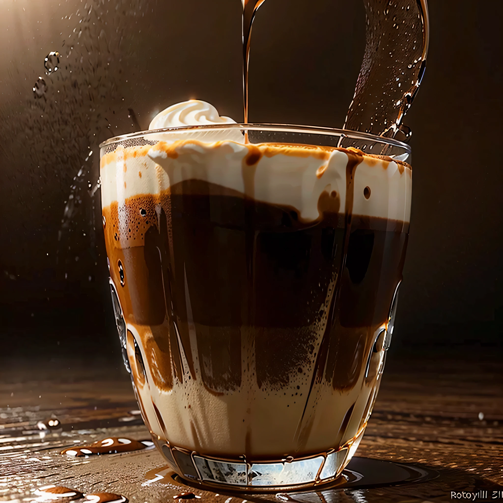 a close up of a glass of coffee with a splash of water, highly detailed vfx espresso, in style of kyrill kotashev, ice coffee, pouring, cappuccino, spilt coffee, arabica style, iced latte, a photorealistic rendering, photorender, dramatic product photography, photorealistic shot, digital art. photo realistic, high-quality render