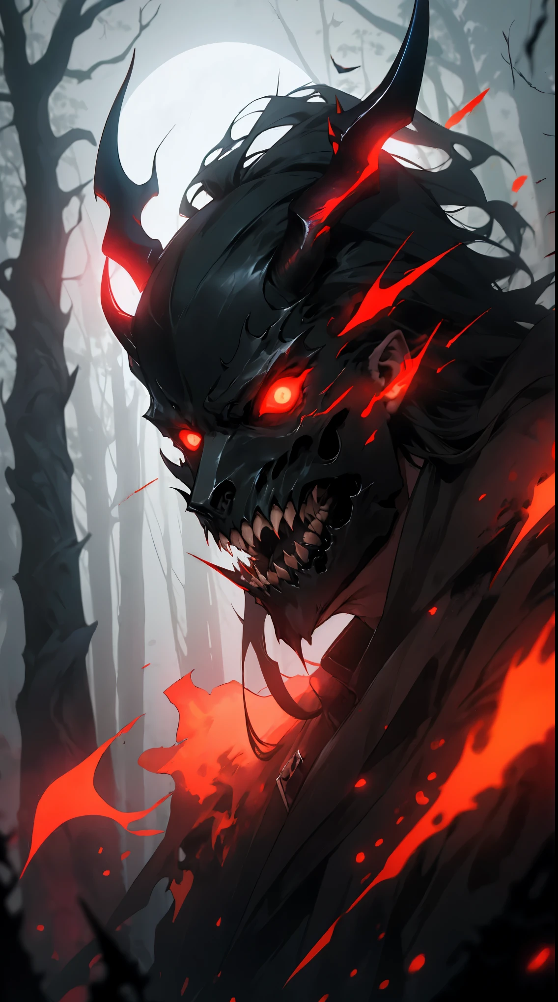 (detailed horned mask:1.2),(oscuro,demonio) atmosphere,(misterioso,Ominoso,arenoso) textura,1 personaje demoniaco,colmillos afilados,ojos rojos brillantes,cuernos largos y afilados,pale skin,garras negras,overgrown oscuro forest,Ominoso moonlight,Niebla densa,ambiente espeluznante,esquema de color rojo sangre,sombras inquietantes,niebla espeluznante,genero de terror,de pesadilla,dynamic lighting,alto contraste,ethereal feeling,vivid colors