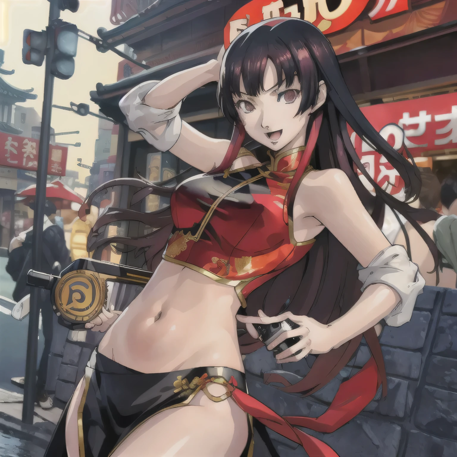 2girl, two girl, long hair, masterpiece, best quality, highly detailed, a anime girls in china dress with navel cutout holding a gun
posing for a picture, navel cutout, crop top, china dress, ecchi anime style, evil smile, open mouth,
smile, anime girls, ecchi style, ecchi, digital anime art!!, in anime style, official artwork, (nsfw) not safe
for work, beautiful anime girl, anime style 4 k, pelvic curtain, exposed belly, exposed navel, exposed
midriff, exposed lower belly, holding a gun, chinatown, outdoor,street,road,
