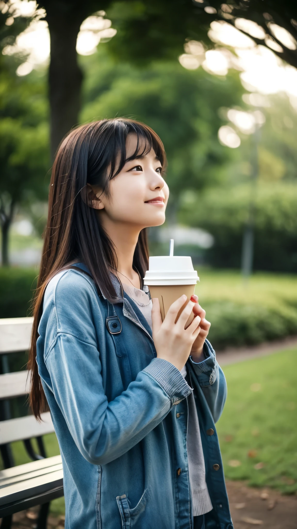 A young Japanese woman is standing in a park, embodying a mix of sadness and hope. It's been raining, so the atmosphere is a bit gloomy, yet there's a gentle warmth to her. She's dressed casually, her hair slightly damp from the rain, and she's looking directly at the camera with a thoughtful expression. A faint smile plays on her lips, suggesting the beginning of emotional recovery. The background is a blurred park setting, with trees and a bench subtly visible. This image captures the moment she finds solace and support, hinting at a hopeful future. Her pose is relaxed, and she's holding a warm cup of coffee in one hand, symbolizing comfort. The aspect ratio is 9:16, focusing on her upper body.