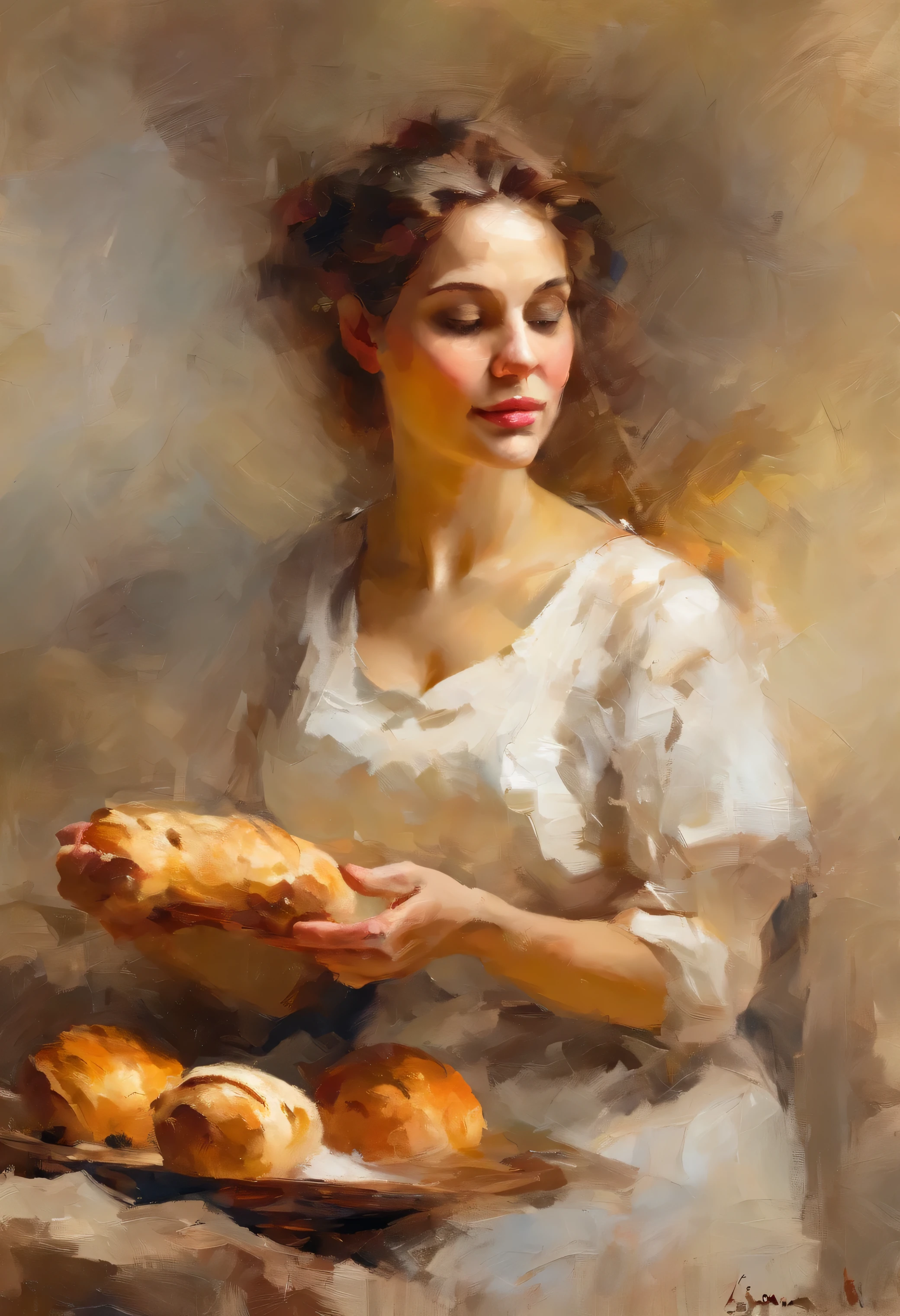 Woman baking bread, Portrait artwork inspired by Pino Daeni, opened eyes, looking into distance, perfect body shape, perfect finger shapes, sketch, drawing, or watercolor artwork impasto style. Perfect reflections. Abstract impasto background, light beige color only
