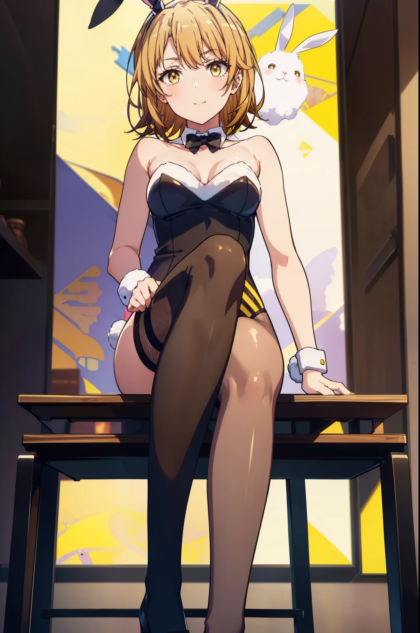 irohaisshiki, iroha isshiki, short hair, brown hair, (brown eyes:1.5), smile,Yellow leotard,yellow rabbit ears headband,Fishnet tights,stiletto heels,(Bunny girl:1.5),(yellow playboy bunny:1.0),sexy pose,sitting cross-legged on a chair,So that the whole body goes into the illustration,
break indoors,stage,
break looking at viewer,
break (masterpiece:1.2), highest quality, High resolution, unity 8k wallpaper, (figure:0.8), (detailed and beautiful eyes:1.6), highly detailed face, perfect lighting, Very detailed CG, (perfect hands, perfect anatomy),