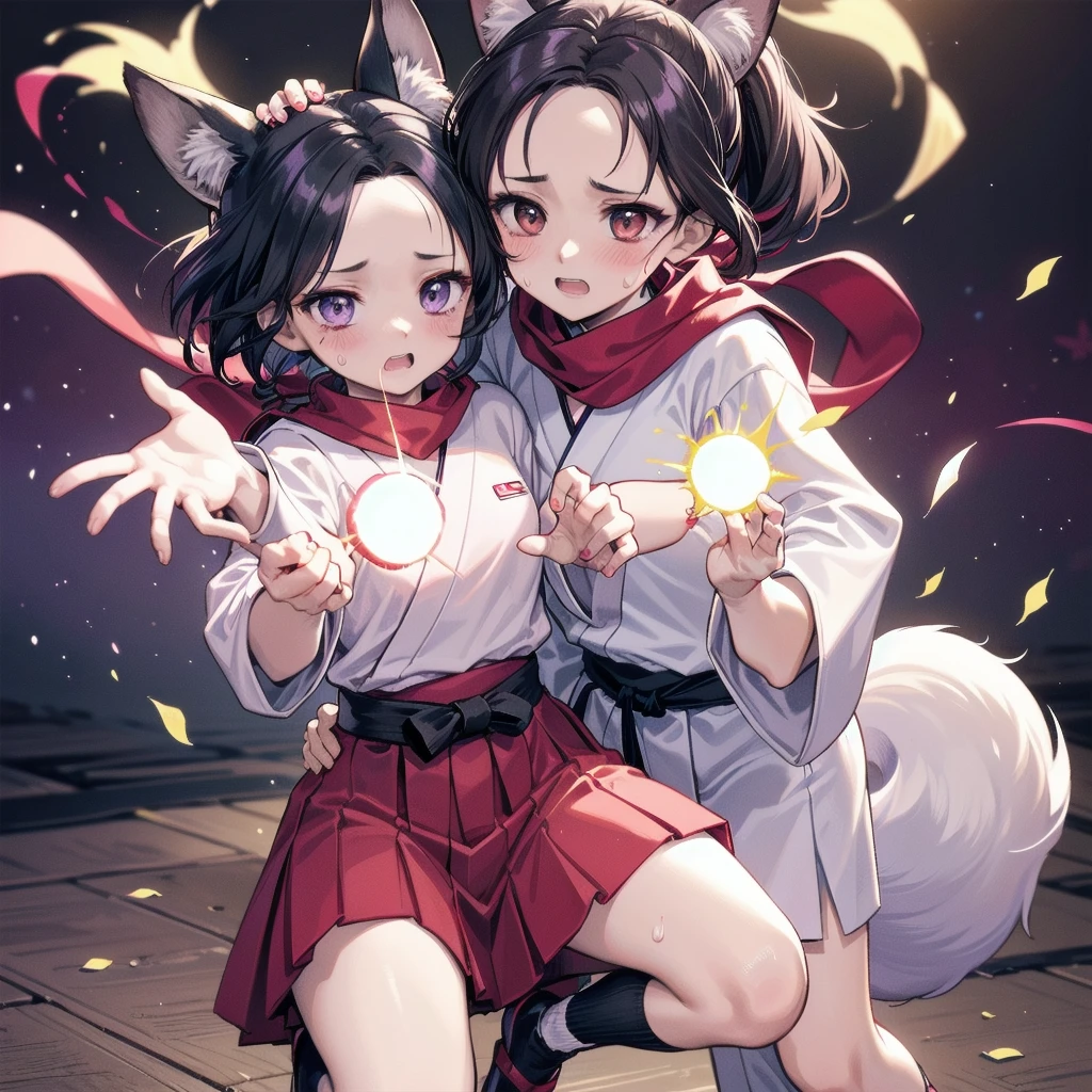 (masterpiece), (2 female), (black hair, ponytail hairstyle ,(half eyes, disgusted eyes, dazzling), see forehead, forehead bill, hold between teeth, dark expression, Sweat, blush), (red scarf, dressed in keikogi uniform, wear hakama, Ninja socks, (fox tail, fox ear)), , (dojo, (leaves are dancing), sunlight shine), (martial arts pose:1.2), (release hand purple Strong electric plasma ball of light), (heart hands)