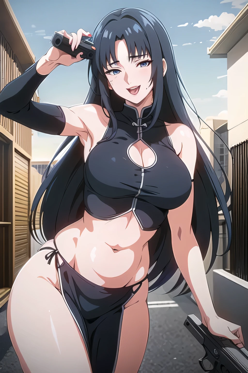  fw.nush, long hair,  evil smile, mature female, milf, masterpiece, best quality, highly detailed, a anime girls in china dress with navel cutout holding a gun
posing for a picture, navel cutout, crop top, china dress, ecchi anime style, evil smile, open mouth,
smile, anime girls, ecchi style, ecchi, digital anime art!!, in anime style, official artwork, (nsfw) not safe
for work, beautiful anime girl, anime style 4 k, pelvic curtain, exposed belly, exposed navel, exposed
midriff, exposed lower belly, holding a gun, chinatown, outdoor,street,road,