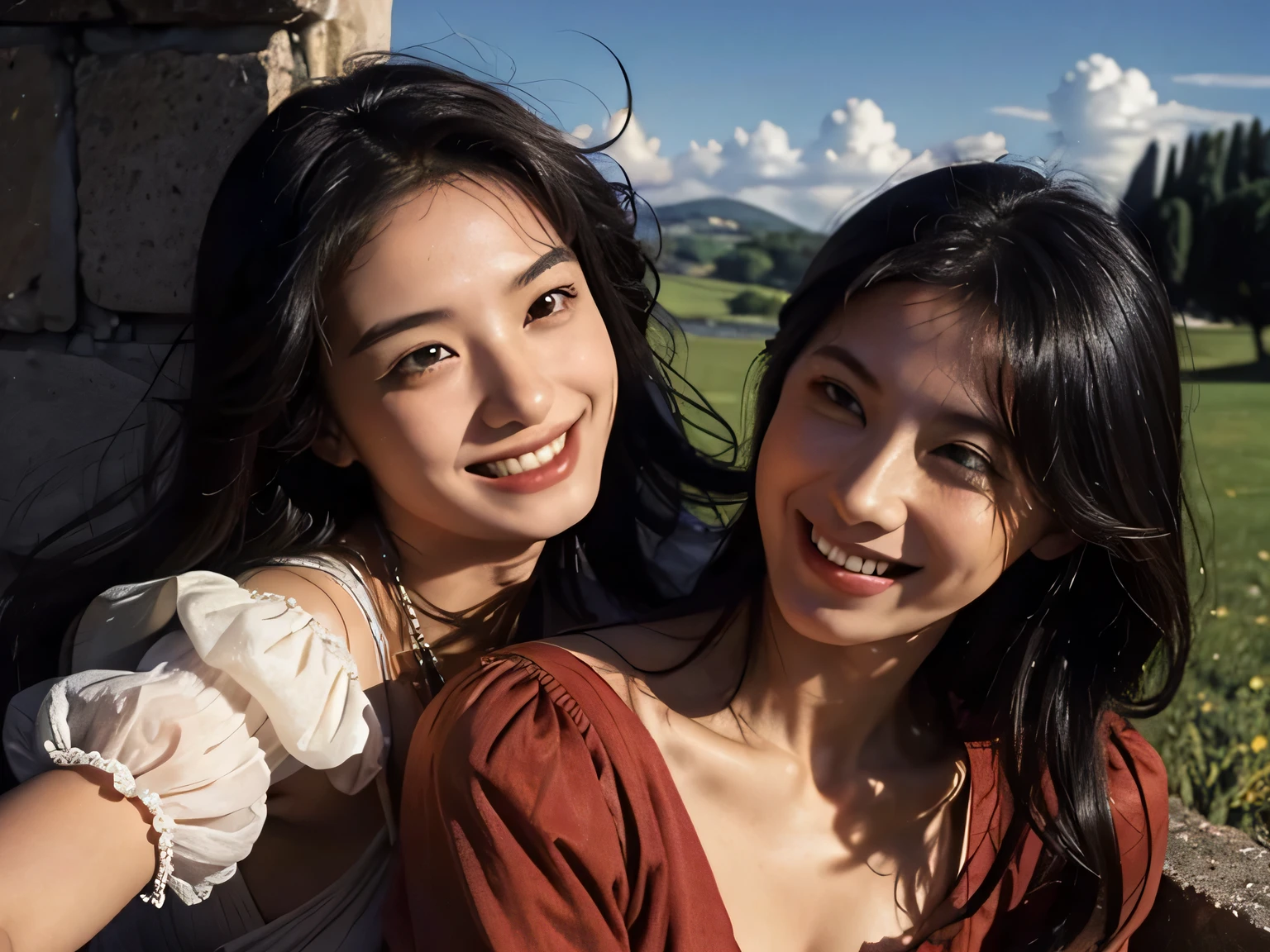 Ancient Roman landscape in the style of Nicolas Poussin、laughter、Sweet and enchanting appearance、caravaggio painting、Caravaggio&#39;s Chiaroscuro、hair blowing in the wind、two women having fun、cute smile、expression of ecstasy、sexy、erotic 