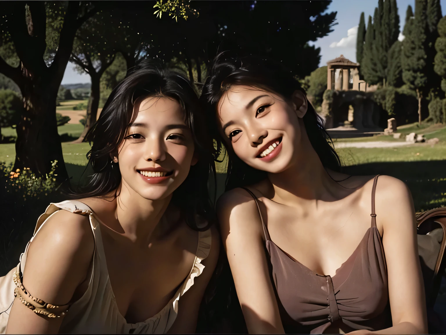 Ancient Roman landscape in the style of Nicolas Poussin、laughter、Sweet and enchanting appearance、caravaggio painting、Caravaggio's Chiaroscuro、hair blowing in the wind、two women having fun、cute smile、expression of ecstasy、sexy、erotic