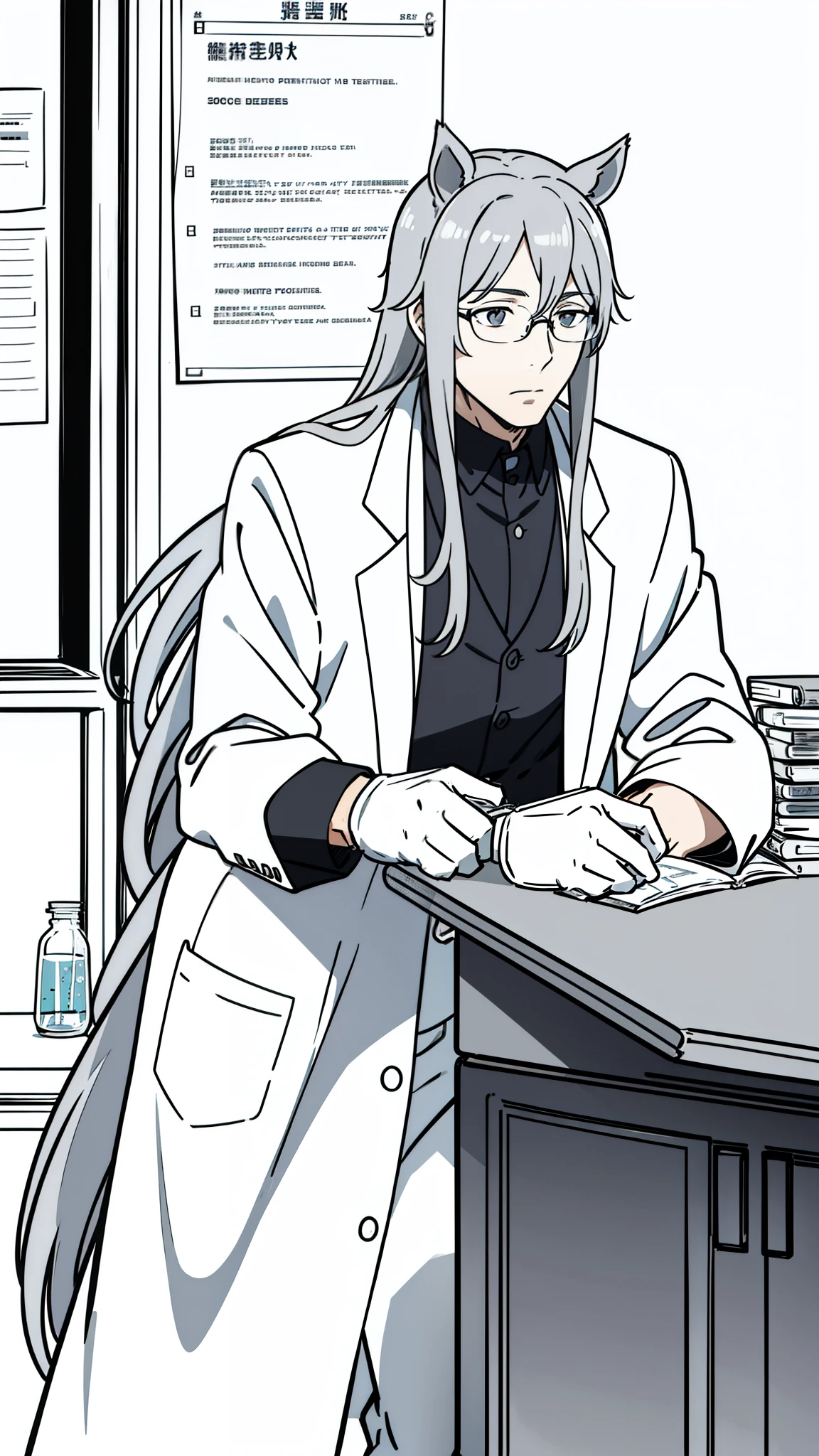 1man,30 years old,solo, long hair,disheveled hair,messy hair,((horse ears)),gray hair, tired eyes,sitting, glasses, scientist, holding a test tube, scientist outfit, white coat, gloves,profile,