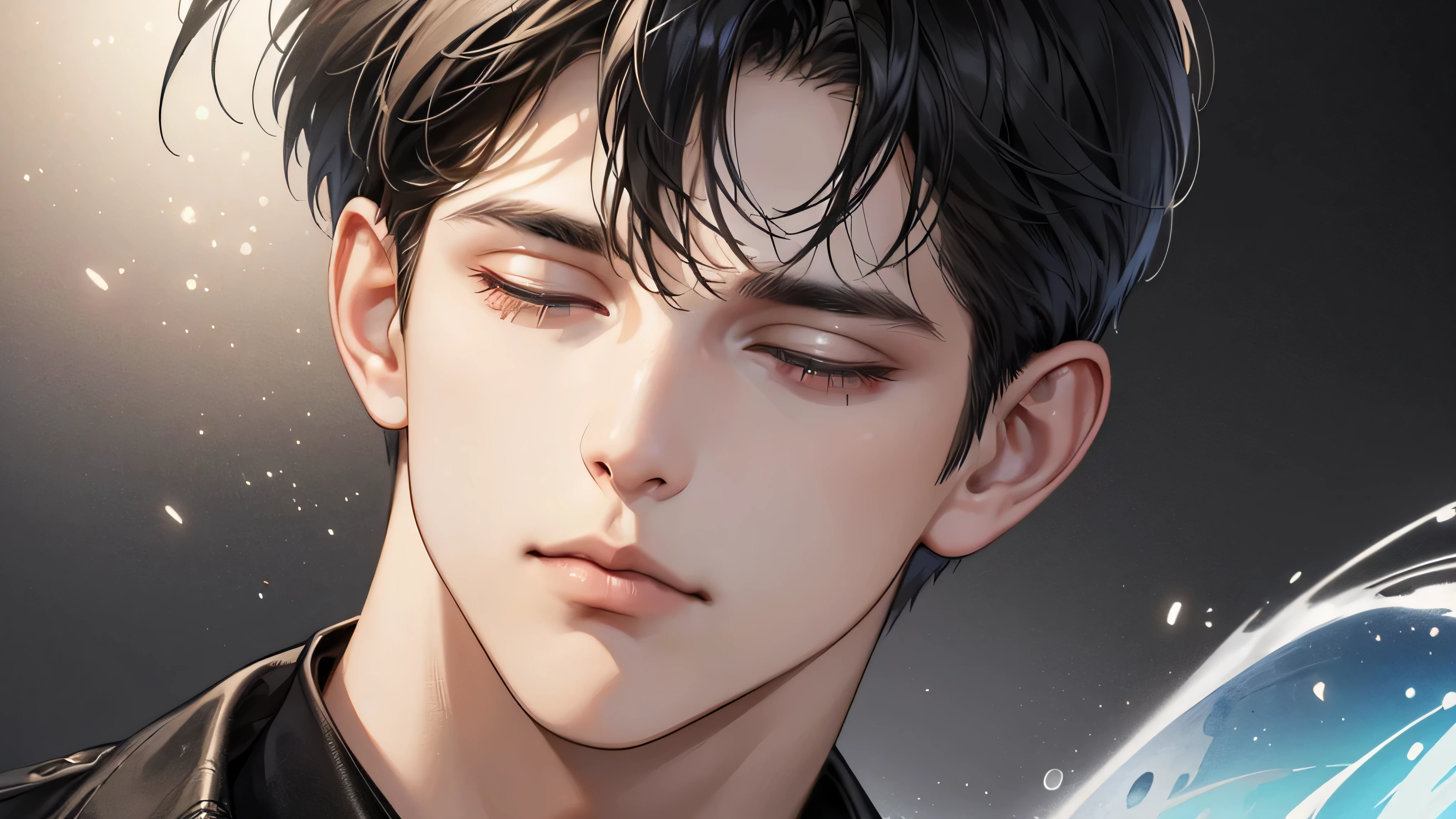 (best quality digital art digital illustration 4k high resolution beautiful image hyper-detailed image perfect lines soft lighting night environment smooth zoom perfect face) (1:1 photorealistic) (neutral colors hdr 1.4) an adult 25 year old man (thoughtful expression) very beautiful closed eyes medium black hair modern clothes black (dark background)