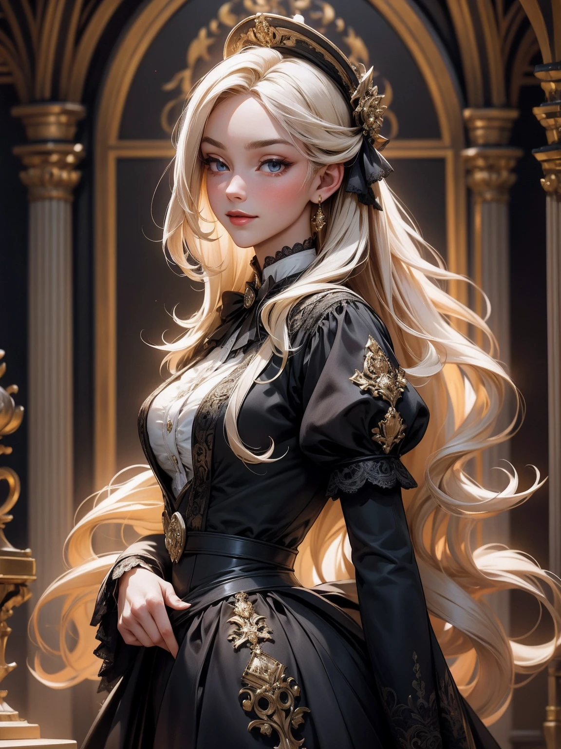 { - anatomy error}(Masterpiece - Ultra-detailed, very high resolution) Prepare to be enchanted by a true masterpiece that combines ultra-detailed art with high-resolution rendering. This work depicts a mesmerizing woman with very long blond hair (1.3) and captivating gray eyes (1.2), emanating an aura of elegance and mystery in Victorian settings. The intricate details and realistic textures invite you to explore every aspect of this enchanting composition. Woman wearing beautiful classic Victorian costume from the year 1878. Red lips. Happy face. Smiling. red (gold) dress. Outside of the castle, backwards, looking back, upper body. dynamic poses. Get ready to dive into a world where beauty and craftsmanship merge perfectly.