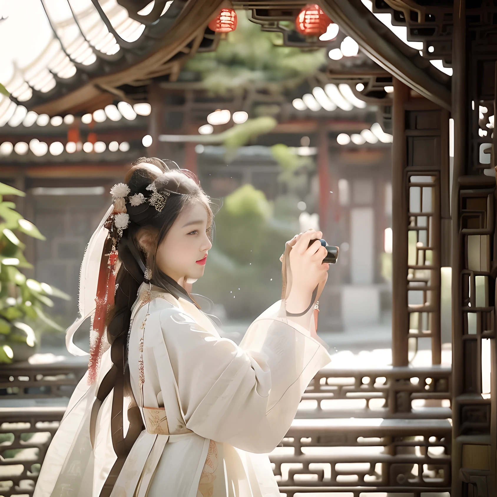 Woman in traditional clothing taking photo with mobile phone on white background, The picture is inspired by Tang Yin, blinds, realism, Wearing ancient Chinese clothing, palace ， A girl wearing Hanfu, Paired with ancient Chinese costumes, White Hanfu, Ancient Chinese princess, Chinese traditional clothing, Hanfu, Hanfu, ancient chinese beauties, chinese woman, Chinese girl