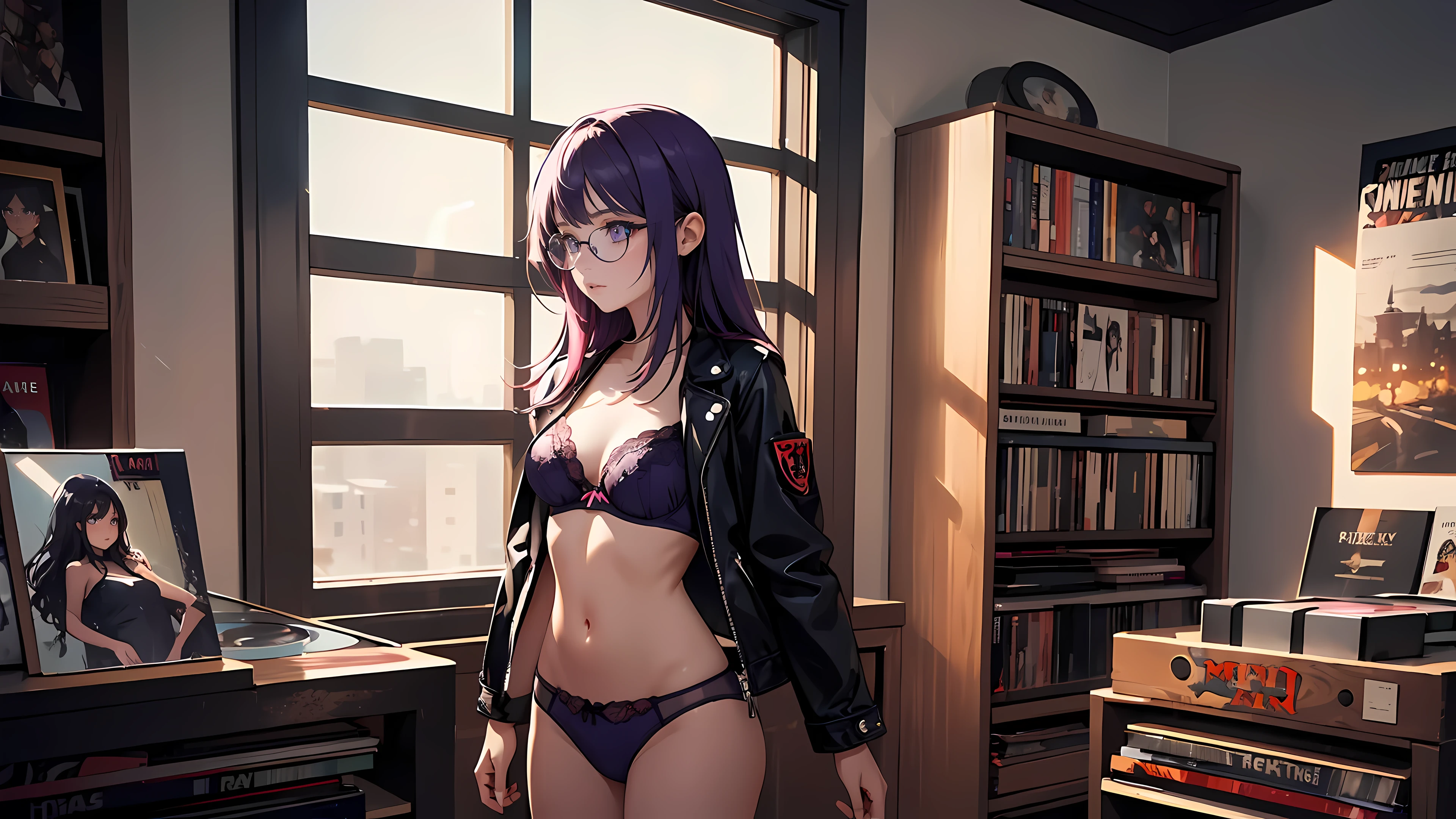 ((1girl)), one beautiful girl, detailed beautiful hair, detailed beautiful eyes, long purple hair, small breasts, glasses, loose unzipped leather jacket, purple bra, purple panties, record store, records, vinyl, open door, open window, evening, nighttime, standing, dramatic pose, cowboy shot, cinematic lighting, dramatic lighting,