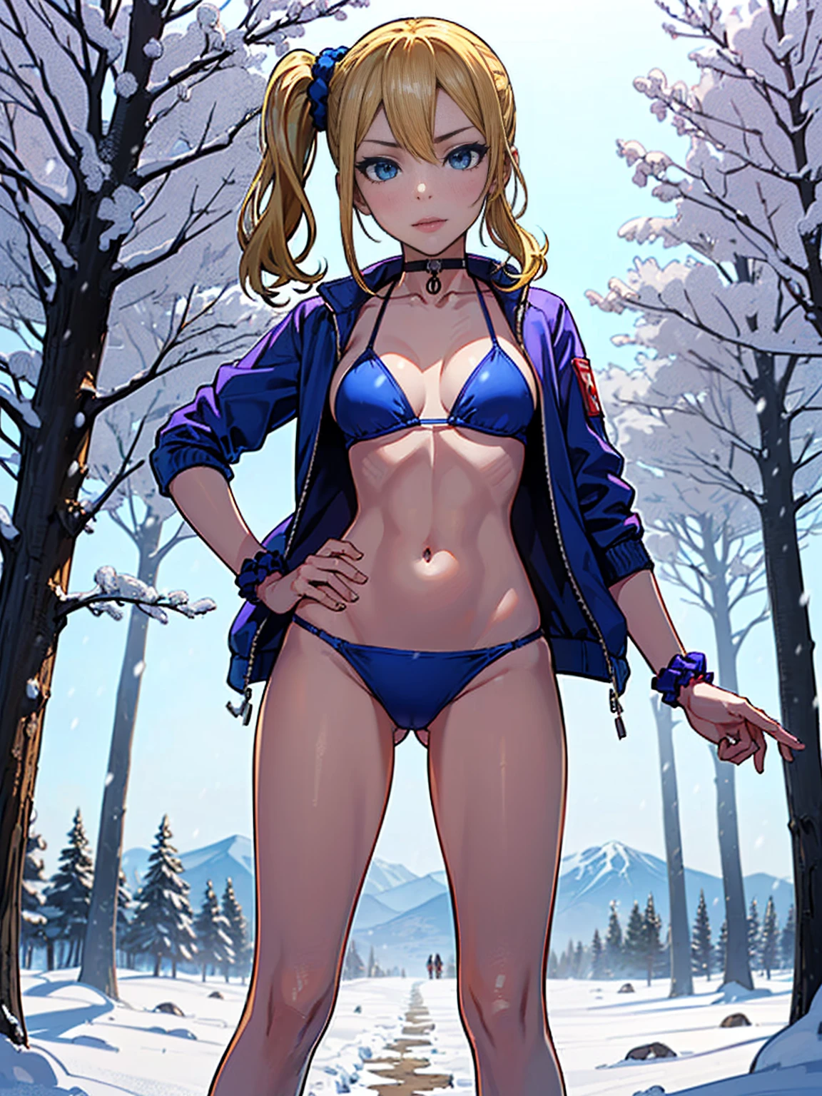 ((1girl, solo, alone, ai hayasaka, bangs, blue eyes, blonde hair, hair ornament, sidelocks, side ponytail, scrunchie, hair scrunchie, blue scrunchie)), (Red string bikini swimsuit:1.5,Down jacket:1.3,choker), beautiful skin, (open, outdoor, standing, seen from the front bottom:1.3,cowboy shot), expression, ( standing, Seductive pose:1.5),background(snow mountain:1.5,Forest),(slender), (Underwear visible through clothing),(Butt visible through clothes),(detailed perfect face),normal hands:1.5,normal fingers:1:5,normal feet:1.5,