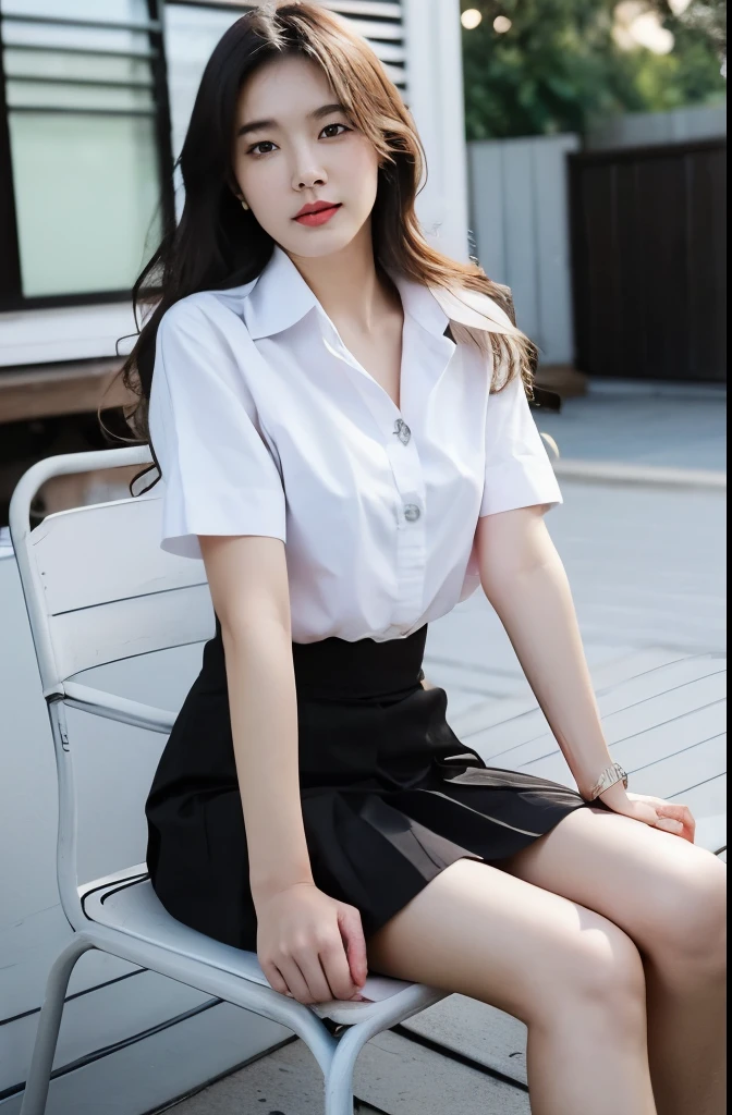 Best quality, High resolution, Masterpiece :1.3), A tall and pretty woman, Slender abs, Dark brown hair styled in loose waves, Breasts, White button up shirt, Black pleated mini skirt, (Modern house in background), Details exquisitely rendered in the face and skin texture, Detailed eyes, Double eyelid, sit on outdoor chair 