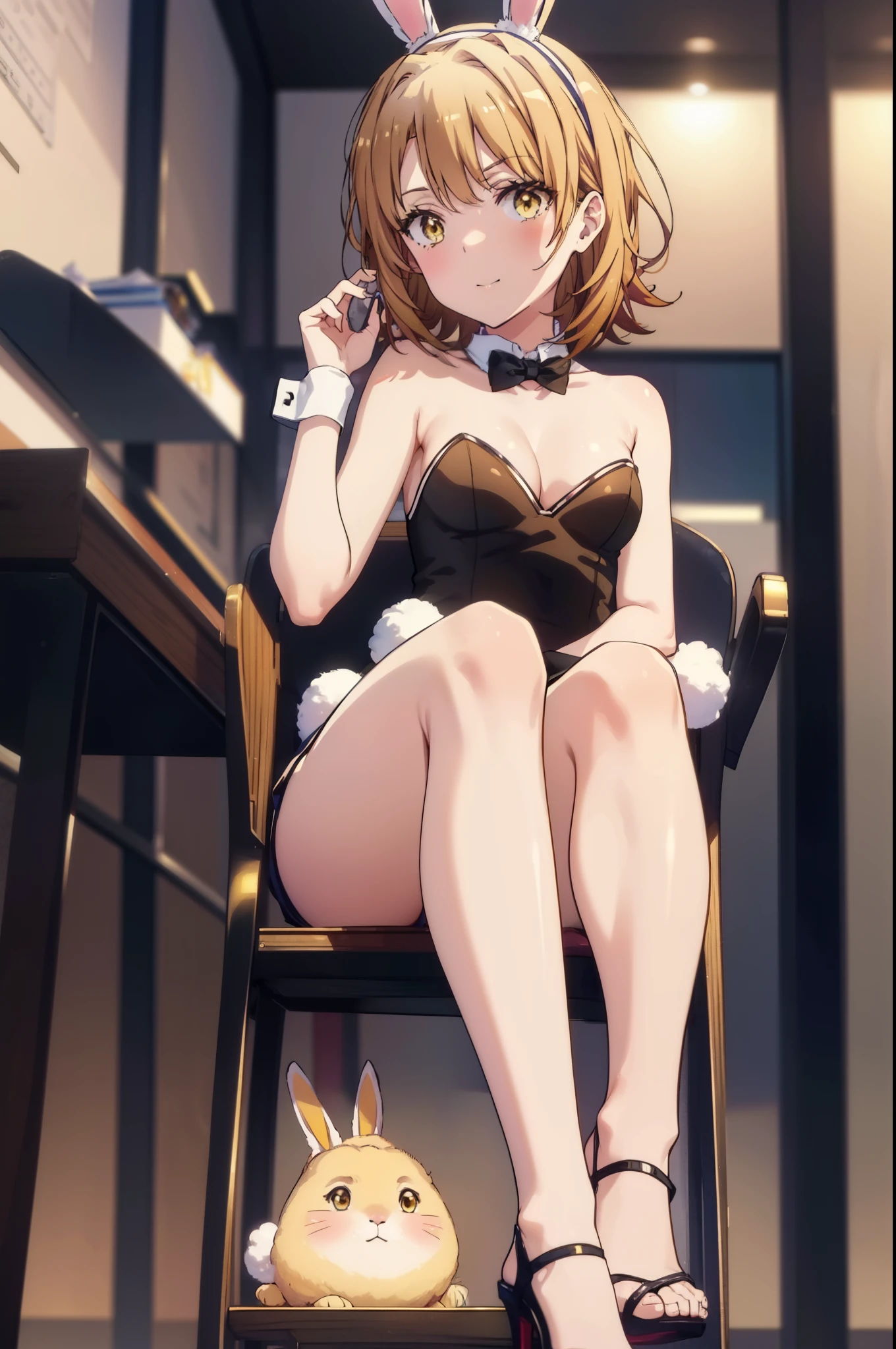 One girl. (masutepiece, of the highest quality, Kyoto Animation Style Illustration, of the highest quality, Official art, aesthetics, Beautiful details, :1. 2), BREAK, ( girl), Very detailed, colourfull, highest details, BREAK, (girl, Cute, Cheerful, Loli face, A dark-haired、a short bob、tareme, gleaming skin, Hugging a stuffed rabbit, Playboy Bunny, shiny school swimsuit, High socks with pink and yellow stripes,Pink Bunny Years Hair Band, Eat carrots and lie on the couch, Open legs wide ,Awaken,looks sleepy (Toy store background, Lots of stuffed animals,cuckoo clock:1.2),