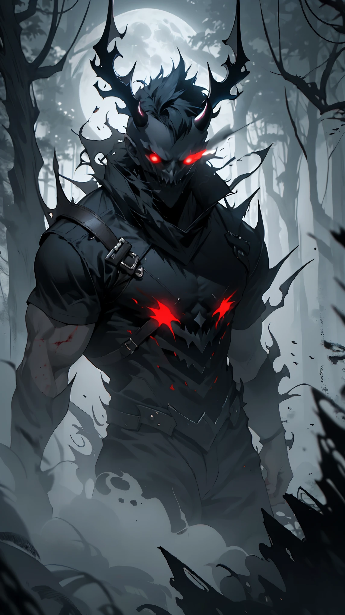 (detailed horns mask:1.2),(dark,evil) atmosphere,(mysterious,ominous,gritty) texture,1demonic character,sharp fangs,glowing red eyes,long sharp horns,pale skin,black claws,overgrown dark forest,ominous moonlight,heavy fog,spooky ambiance,bloody red color scheme,haunting shadows,creepy mist,horror genre,nightmarish,dynamic lighting,high contrast,ethereal feel,vivid colors