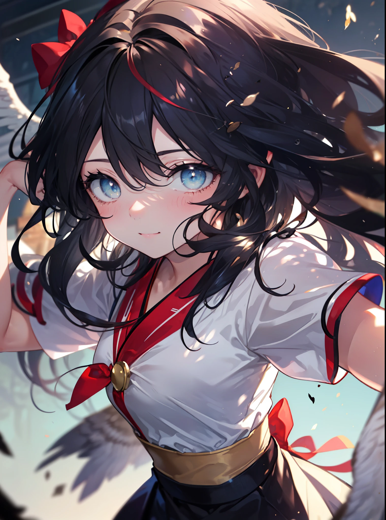 8k,highest quality,masterpiece,1 girl, eagle, stagnation, red bow, bow, long hair, hair bow, alone, hair band, black hair, sash, bangs, big red ribbon on head,red hair band, chest, brown ruby eyes, smile,blush,black sailor suit,小さなchest,black pleated skirt,white pantyhose,brown loafers,So that the whole body goes into the illustration,(スムーズなポインティングはeagleに向かって飛びます:1.3),bird view ,School Back of school building,peek from below,(masterpiece:1.2), highest quality, High resolution, unity 8k wallpaper, (shape:0.8), (beautiful and detailed eyes:1.6), highly detailed face, perfect lighting, Very detailed CG, (perfect hands, perfect anatomy),