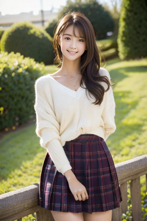 tartan check miniskirt、white socks,White V-neck sweater、 Fine and beautiful skin, skin texture, Curled semi-long, Medium chest, gentle eyes、facing the front, bend over and look at me、high school girl、Full body cut down to the feet