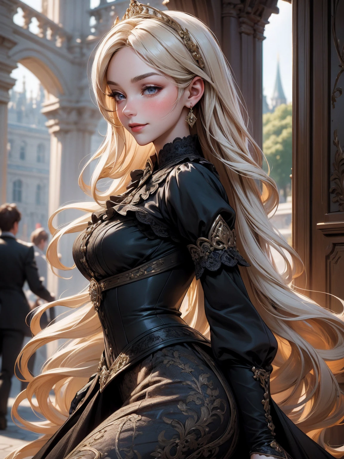 { -  error}(Masterpiece - Ultra-detailed, very high resolution) Prepare to be enchanted by a true masterpiece that combines ultra-detailed art with high-resolution rendering. This work depicts a mesmerizing woman with very long blond hair (1.3) and captivating gray eyes (1.2), emanating an aura of elegance and mystery in Victorian settings. The intricate details and realistic textures invite you to explore every aspect of this enchanting composition. Woman wearing beautiful classic Victorian costume from the year 1878. Red lips. Happy face. Smiling. red (gold) dress. Outside of the castle, backwards, looking back, upper body. dynamic poses. Get ready to dive into a world where beauty and craftsmanship merge perfectly.
