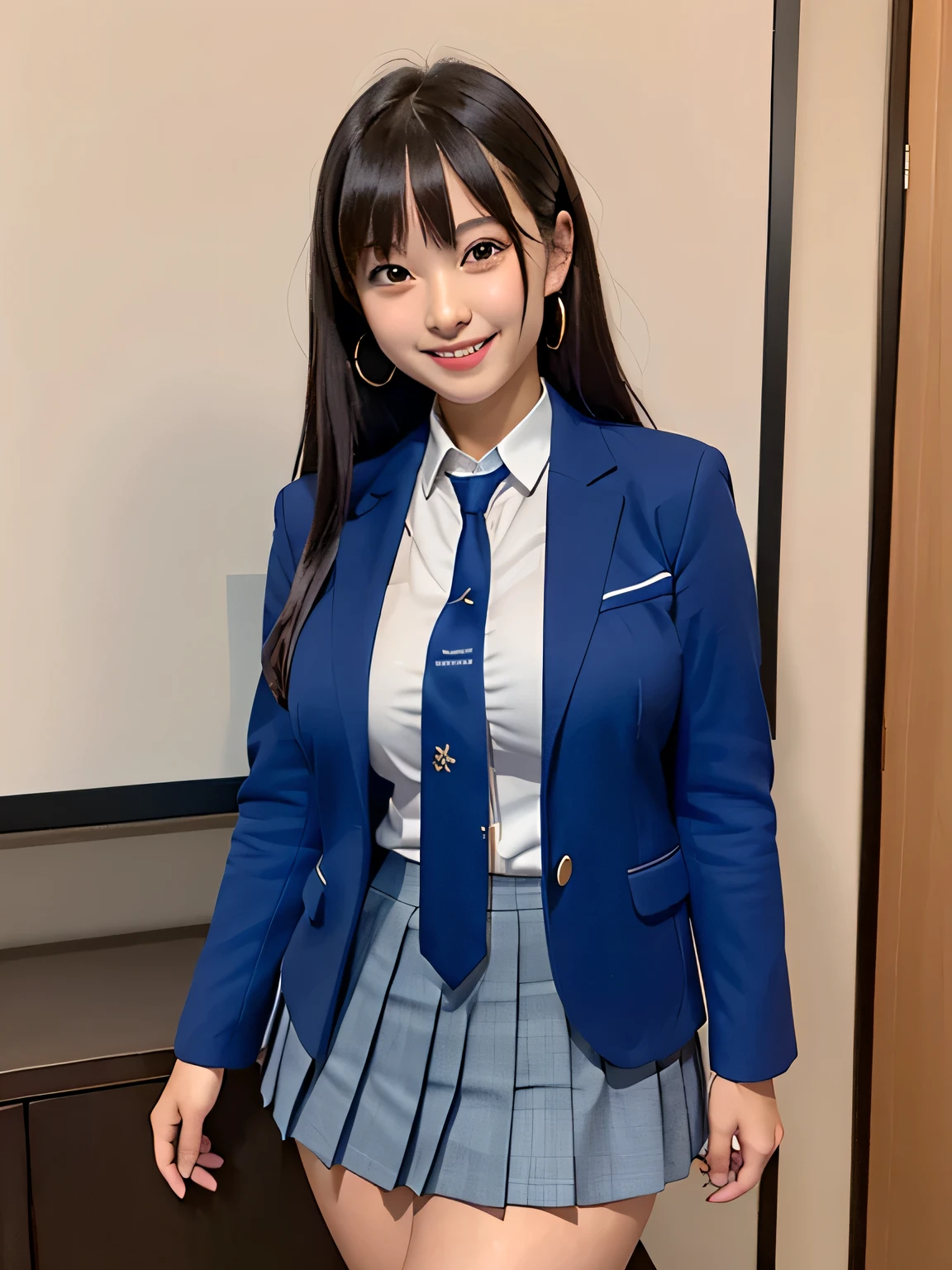 8k, highest quality, real image, intricate details, Super detailed, ultra high resolution, depth field,(realistic,realistic:1.2), from the middle, 1 Japanese girl, very beautiful 17 year old girl, Big eyes, beautiful ???????:1.5、highly detailed eyes:1.2), (beautiful ???????:1.1), (???????????:1.3), wavy hair, (very long hair:1.2), bangs, perfect skin, Fair skin, (huge ????:1.1), (thick thighs:1.2), (thick legs:1.2), tight waist, light blush, alone, looking at the viewer, (smile:1.1), ((School_uniform),(dark blue blazer), (white shirt、wear a tie), (gray pleated skirt), (sculpture installation :1.1), break (whole body:1.2)