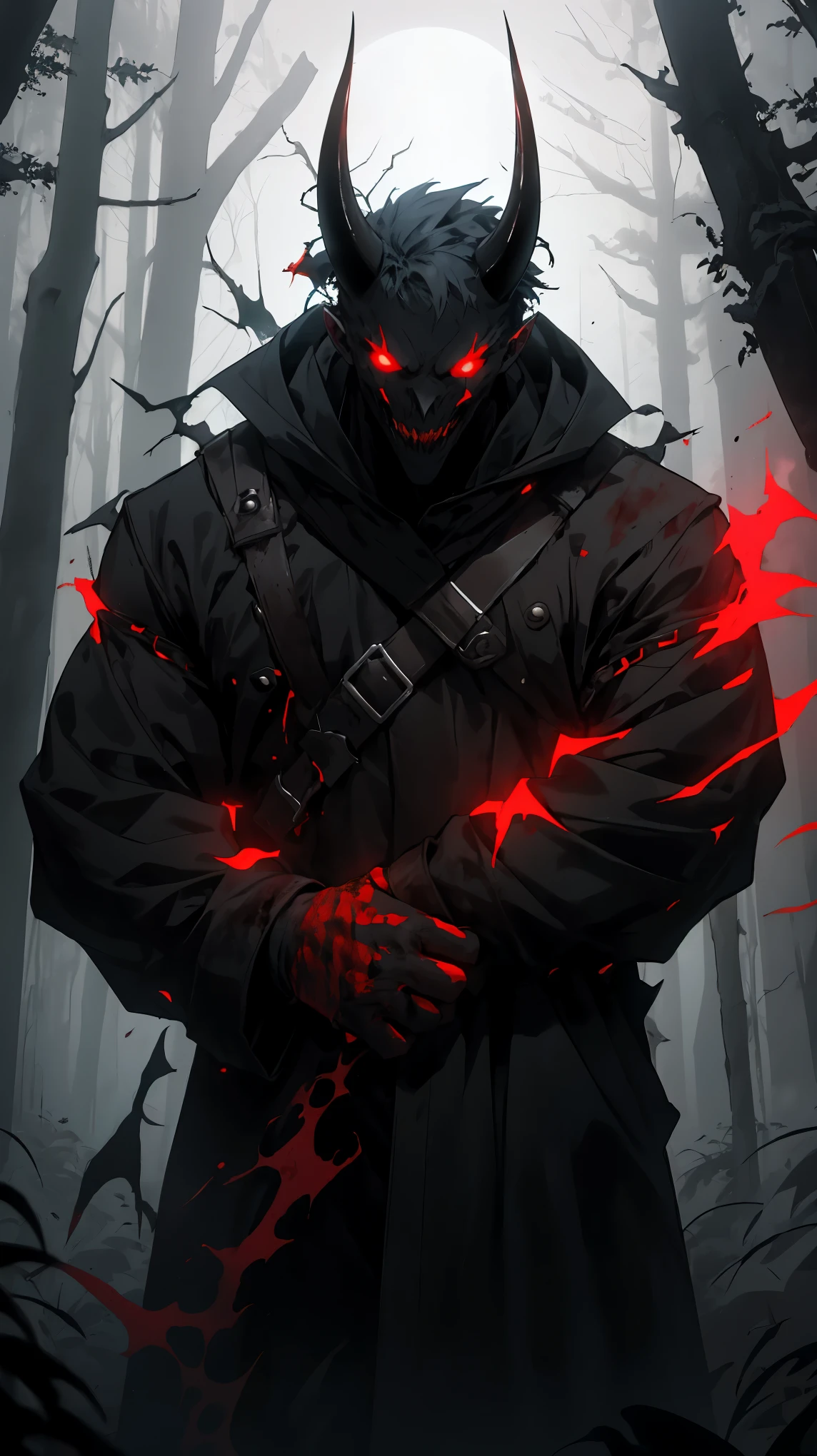 (detailed horns mask:1.2),(dark,evil) atmosphere,(mysterious,ominous,gritty) texture,1demonic character,sharp fangs,glowing red eyes,long sharp horns,pale skin,black claws,overgrown dark forest,ominous moonlight,heavy fog,spooky ambiance,bloody red color scheme,haunting shadows,creepy mist,horror genre,nightmarish,dynamic lighting,high contrast,ethereal feel,vivid colors