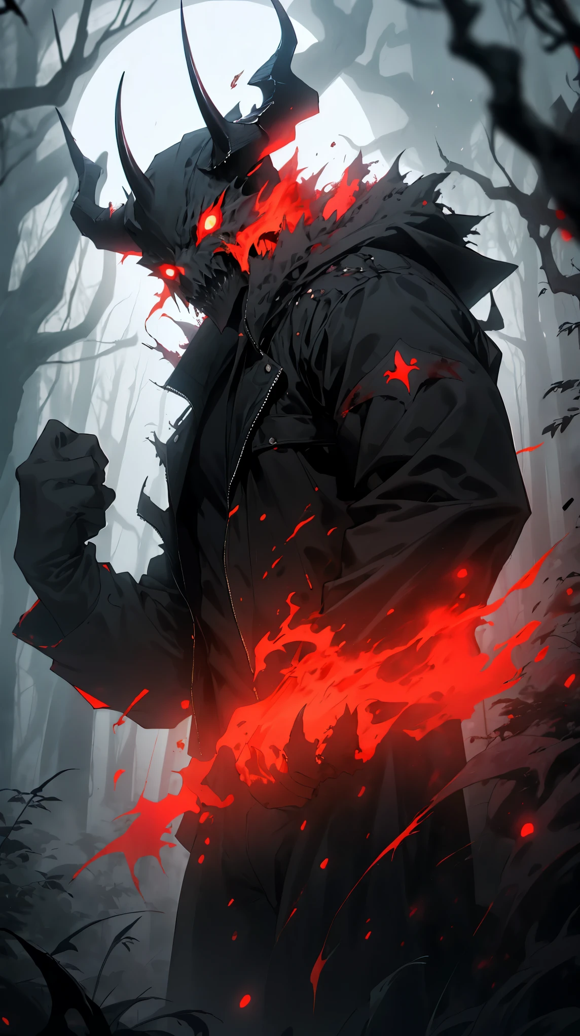 (detailed horns mask:1.2),(dark,evil) atmosphere,(mysterious,ominous,gritty) texture,1demonic character,sharp fangs,glowing red eyes,long sharp horns,pale skin,black claws,overgrown dark forest,ominous moonlight,heavy fog,spooky ambiance,bloody red color scheme,haunting shadows,creepy mist,horror genre,nightmarish,dynamic lighting,high contrast,ethereal feel,vivid colors