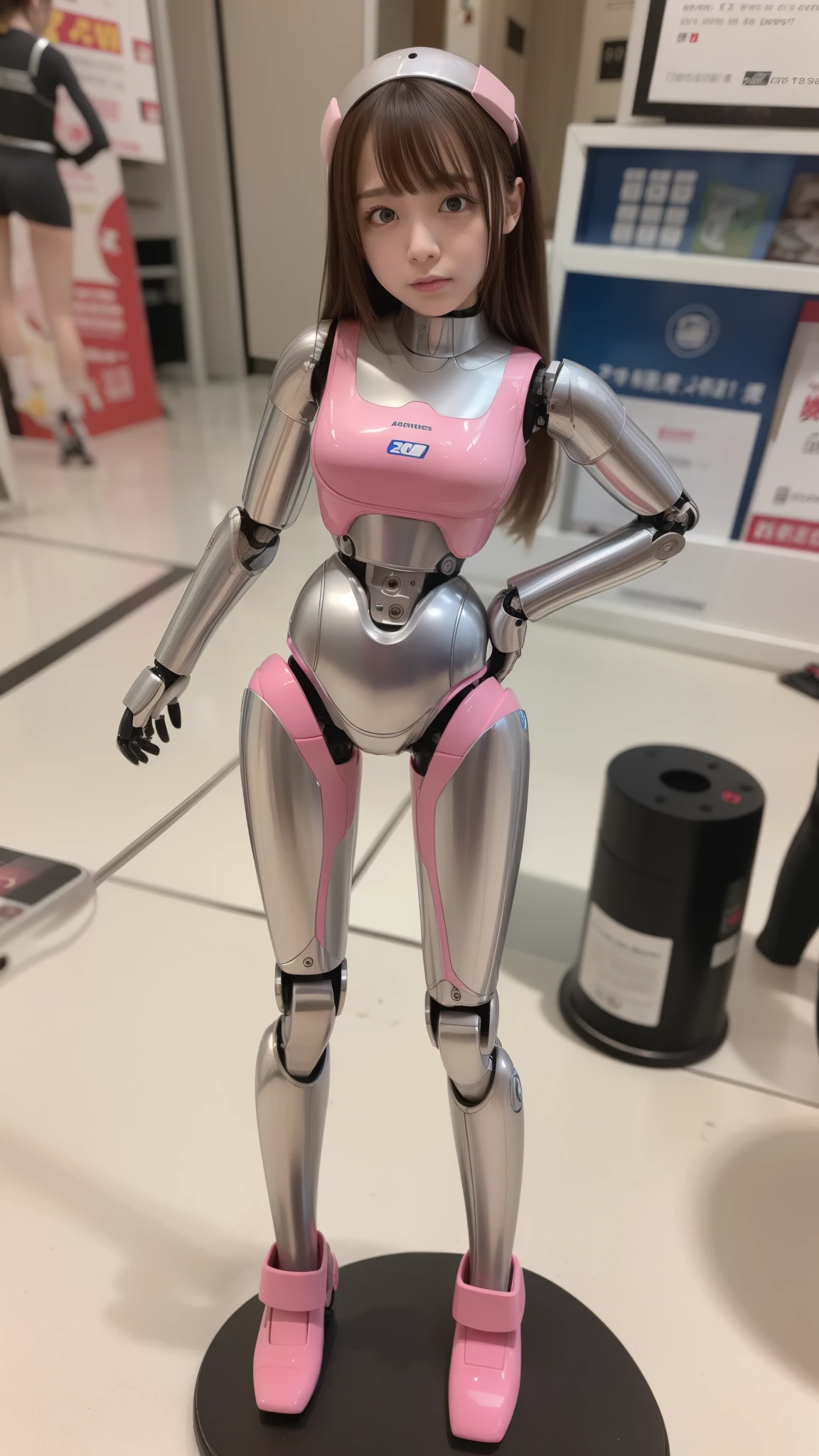 robot girl, pink there, Silver, Metallic body, Robot Parts, Metal Parts, Super Detailed Face, Super well-formed face, of the highest quality, a small face, a small head, Brown hair, slender body, Camera gaze, Internal Mechanical Exposure, Idol, Well-proportioned body, gravure, Photo session, Akihabara, Moe Pose, Standing with legs open, Model body type, sad, Embarrassing,(Perfect Robot Girl),(Perfect machine body)