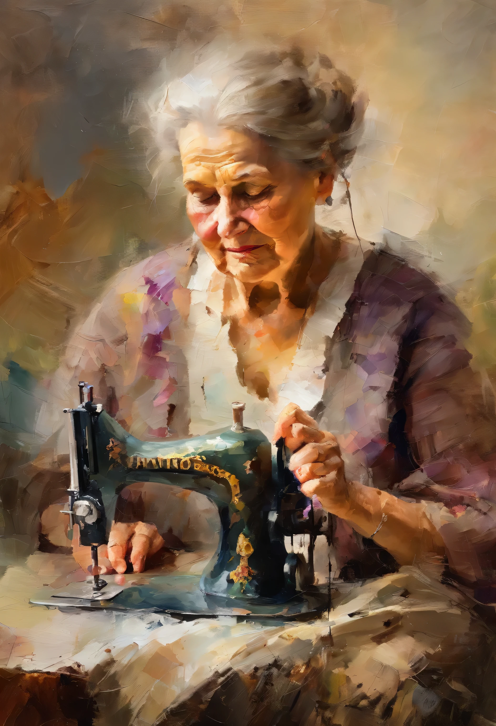 Old woman using a sewing machine, Portrait artwork inspired by Pino Daeni, opened eyes, looking into distance, perfect body shape, perfect finger shapes, sketch, drawing, or watercolor artwork impasto style. Perfect reflections. Abstract impasto background, light beige color only