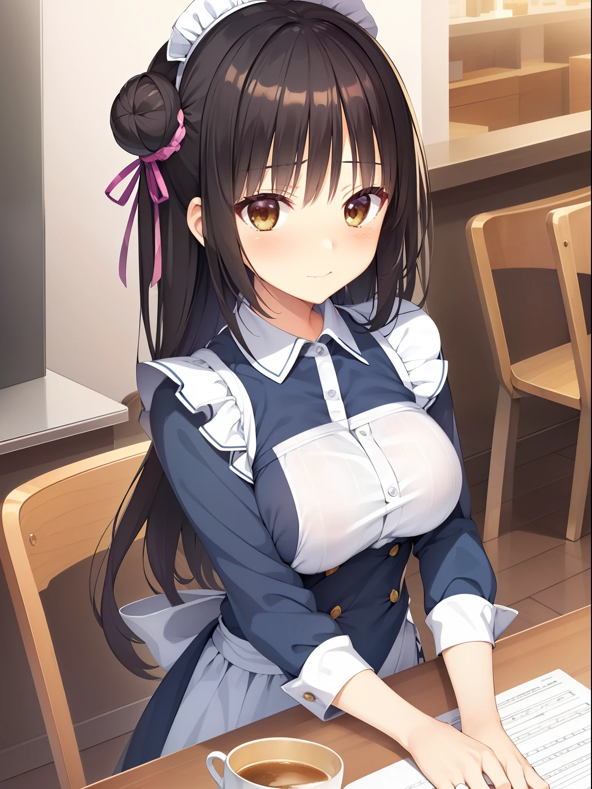 (highest quality, High resolution, perfect pixel, Depth of the bounds written, 4k, beautiful anime girl),  
looking at the viewer, 
perfect body,  
sntm, 1girl, alternate hairstyle, Single bun, bun cover, sidelocks, 

blush all over the face, shy, 
large breast, 
maid, 
in cafe, 