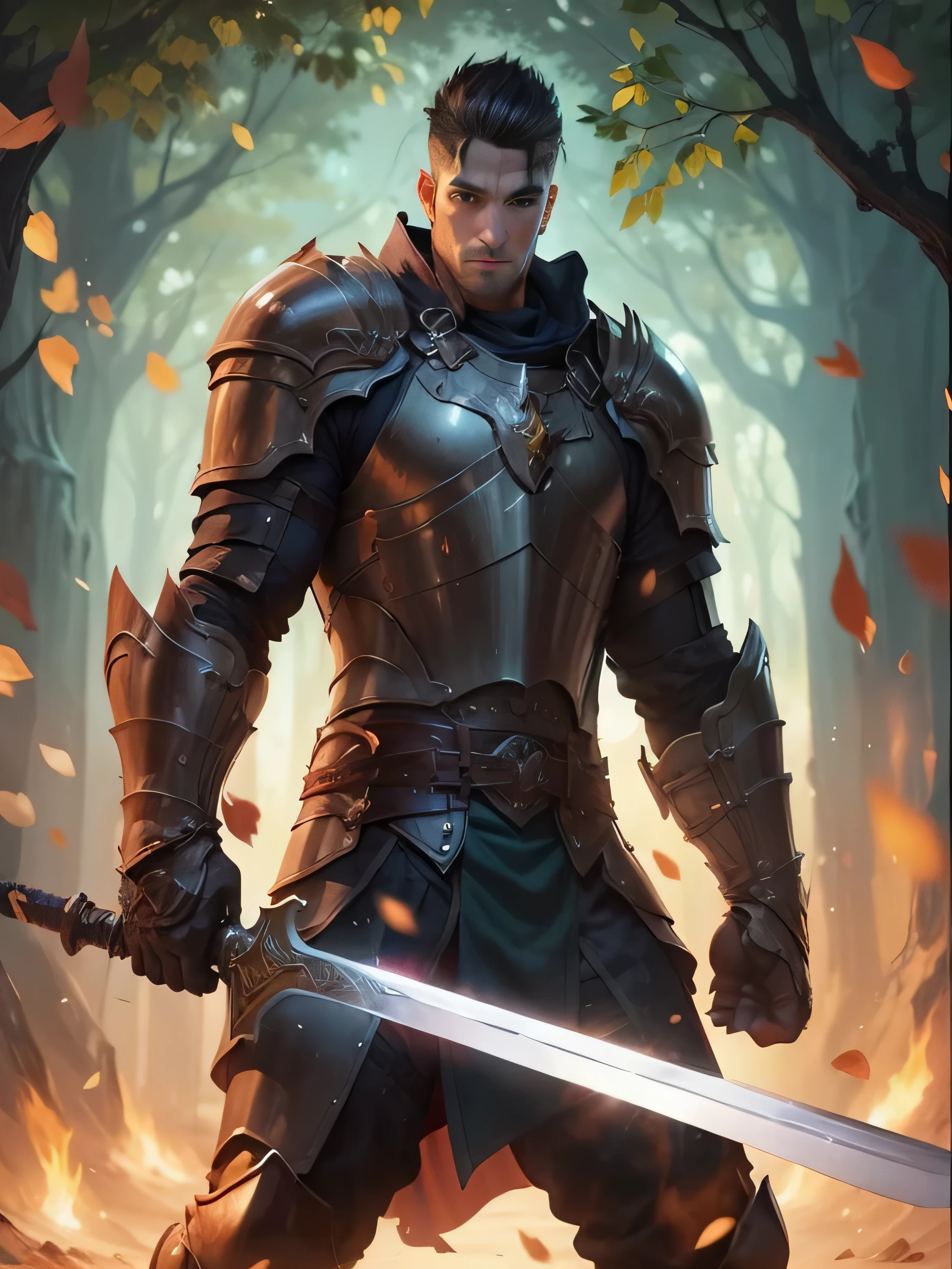 a man in armor holding a sword in a forest, male paladin, a human male paladin, arsen lupin as a paladin, fantasy paladin, fantasy knight, silvain sarrailh, strong fantasy knight, male warrior, epic fantasy art style, ares with heavy armor and sword, handsome guy in demon slayer art, warrior dnd character