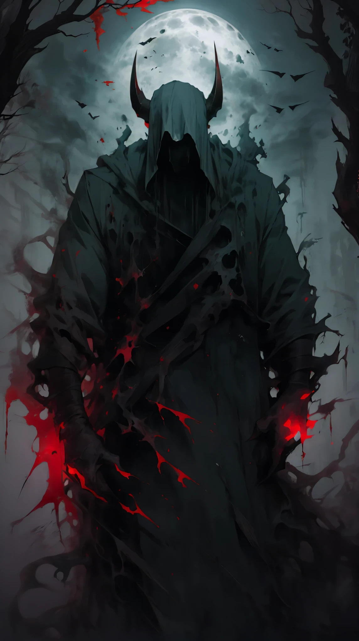 (detailed horns mask:1.2),(dark,evil) atmosphere,(mysterious,ominous,gritty) texture,1demonic character,sharp fangs,glowing red eyes,long sharp horns,pale skin,black claws,overgrown dark forest,ominous moonlight,heavy fog,spooky ambiance,bloody red color scheme,haunting shadows,creepy mist,horror genre,nightmarish,dynamic lighting,high contrast,ethereal feel,vivid colors