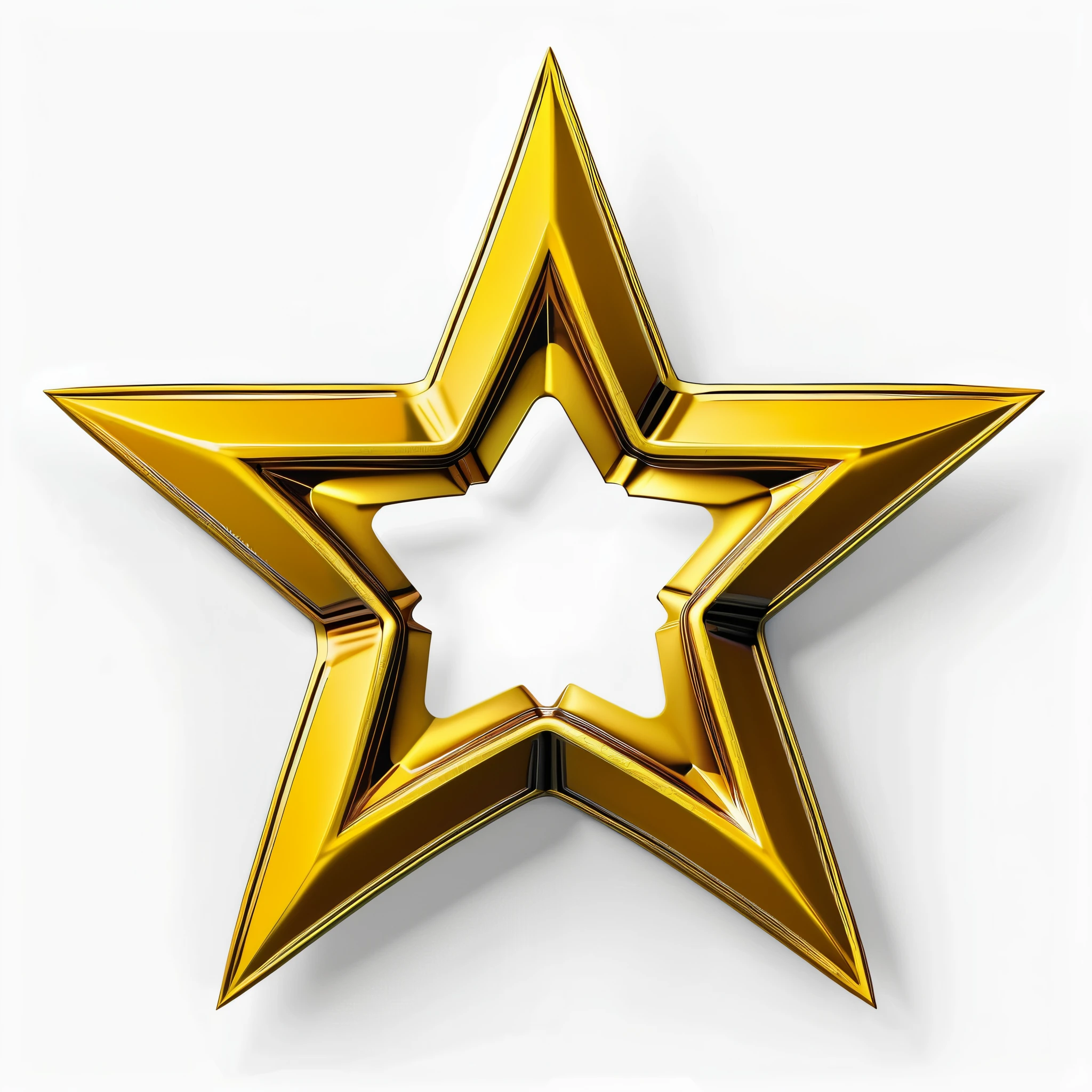 best quality, glossy, metallic, intricate, a yellow five-angle star, deep color, Just the border, frontal view, big size, Symmetry, white background, No shadows, star shaped hole,simple form,no pattern,