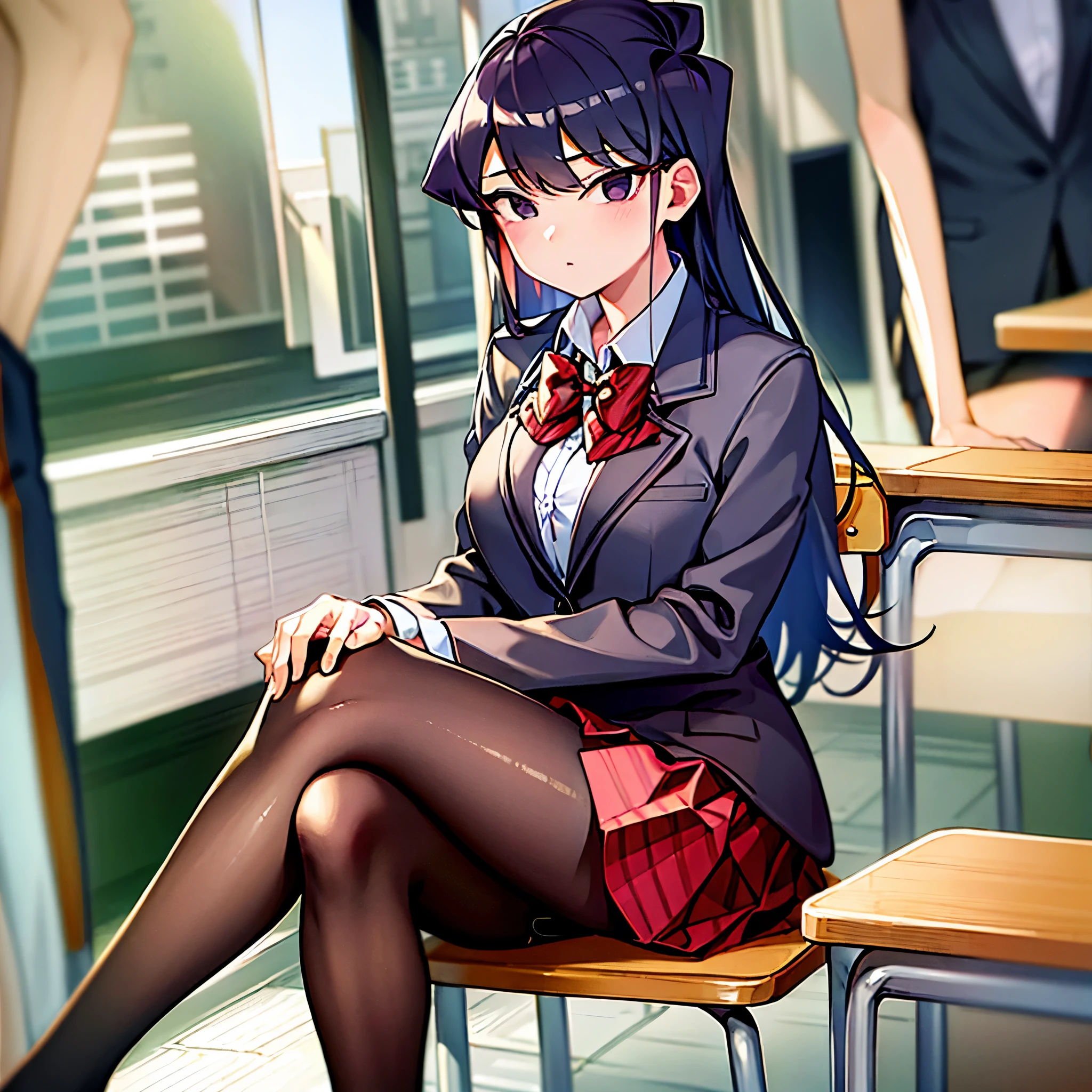 komiShouko, masterpiece, best quality, absurdres, 1girl, looking at viewer, v arms, pantyhose, classroom, school uniform, red skirt, red bow, blazer, window, sitting, chair, crowd,crossing legs,medium thighs.