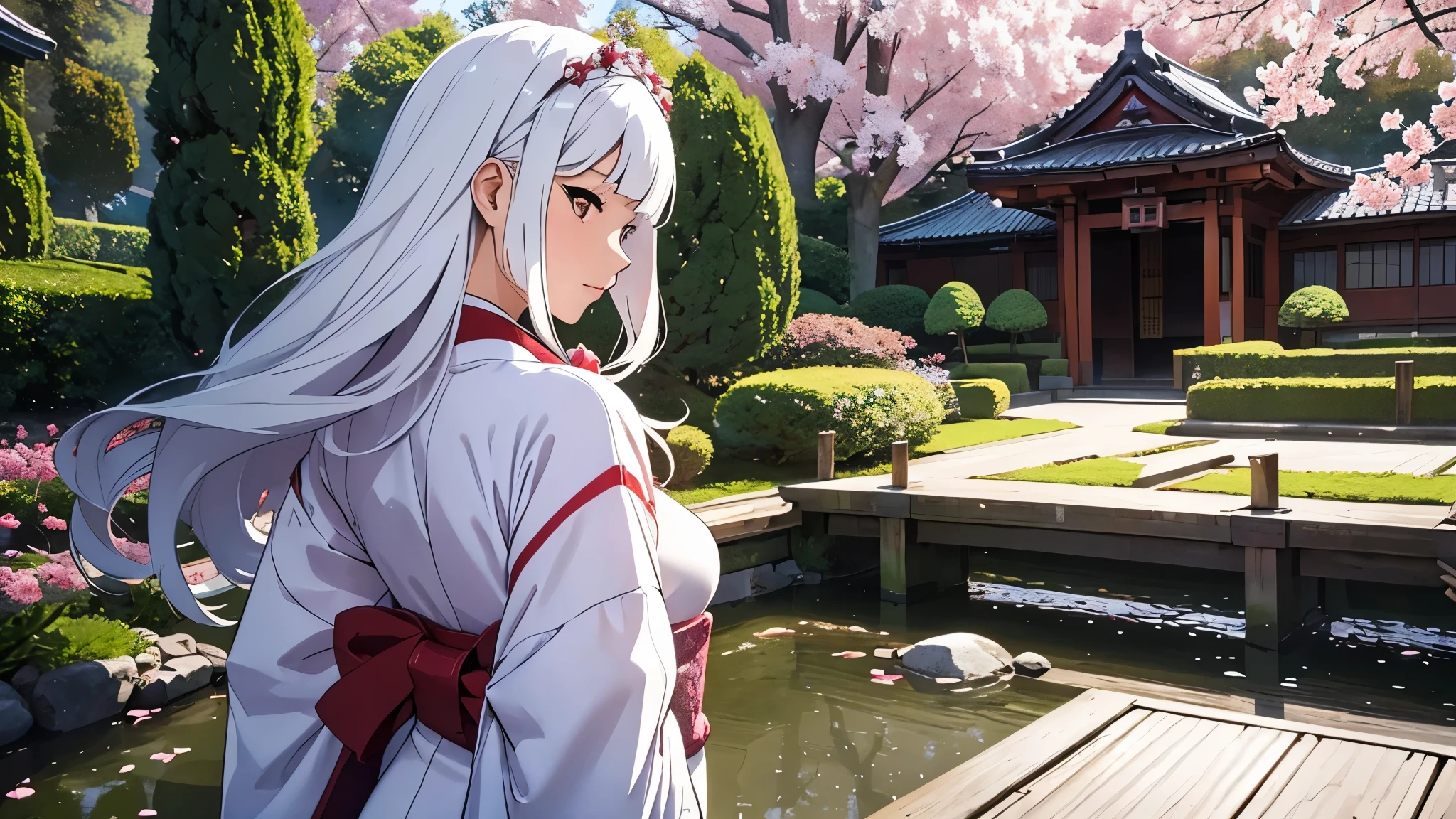 CG, unity, 8k, wallpaper, highest quality, masterpiece, lovely woman wearing a kimono, 18-year-old, white hair, white skin, looking at the garden, (sad expression: 1.1), best lighting, complex pupils, complex textile, detailed background, in a traditional Japanese room, (A traditional Japanese garden can be seen in the background), There is a magnificent cherry tree in the garden, Cherry blossom petals are dancing, Fantastic, focus on background, view from behind