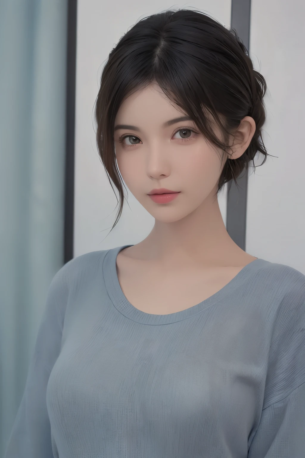 (masterpiece:1.3), (8k, lifelike, original photo, best quality: 1.4), (1 girl), pretty face, (lifelike的脸), (black hair, short hair:1.3), beautiful hairstyle, lifelike的眼睛, Beautiful and delicate eyes, (lifelike的皮肤), Beautiful skin, (sweater), Ridiculous, attractive, ultra high resolution, Surreal, Very detailed, golden ratio，whole body，raised buttocks，