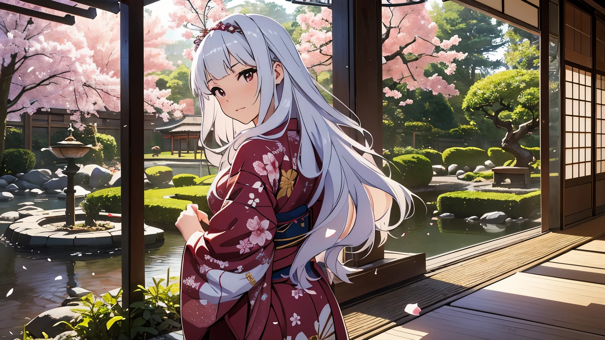 CG, unity, 8k, wallpaper, highest quality, masterpiece, lovely woman wearing a kimono, 18-year-old, long white hair, white skin, looking at the garden, (sad expression: 1.1), best lighting, complex pupils, complex textile, detailed background, in a traditional Japanese room, (A traditional Japanese garden can be seen in the background), There is a magnificent cherry tree in the garden, Cherry blossom petals are dancing, Fantastic, fleeting atmosphere, focus on background, view from behind