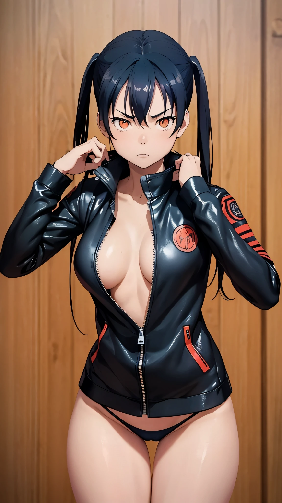 Tamaki Kotatsu from Fire Force. pretty(model appearance) girl 17-19 years old. a slim body. long legs. Feline grace. Dressed in micro bikini and leather jacket(Black). sexy pose.Nsfw