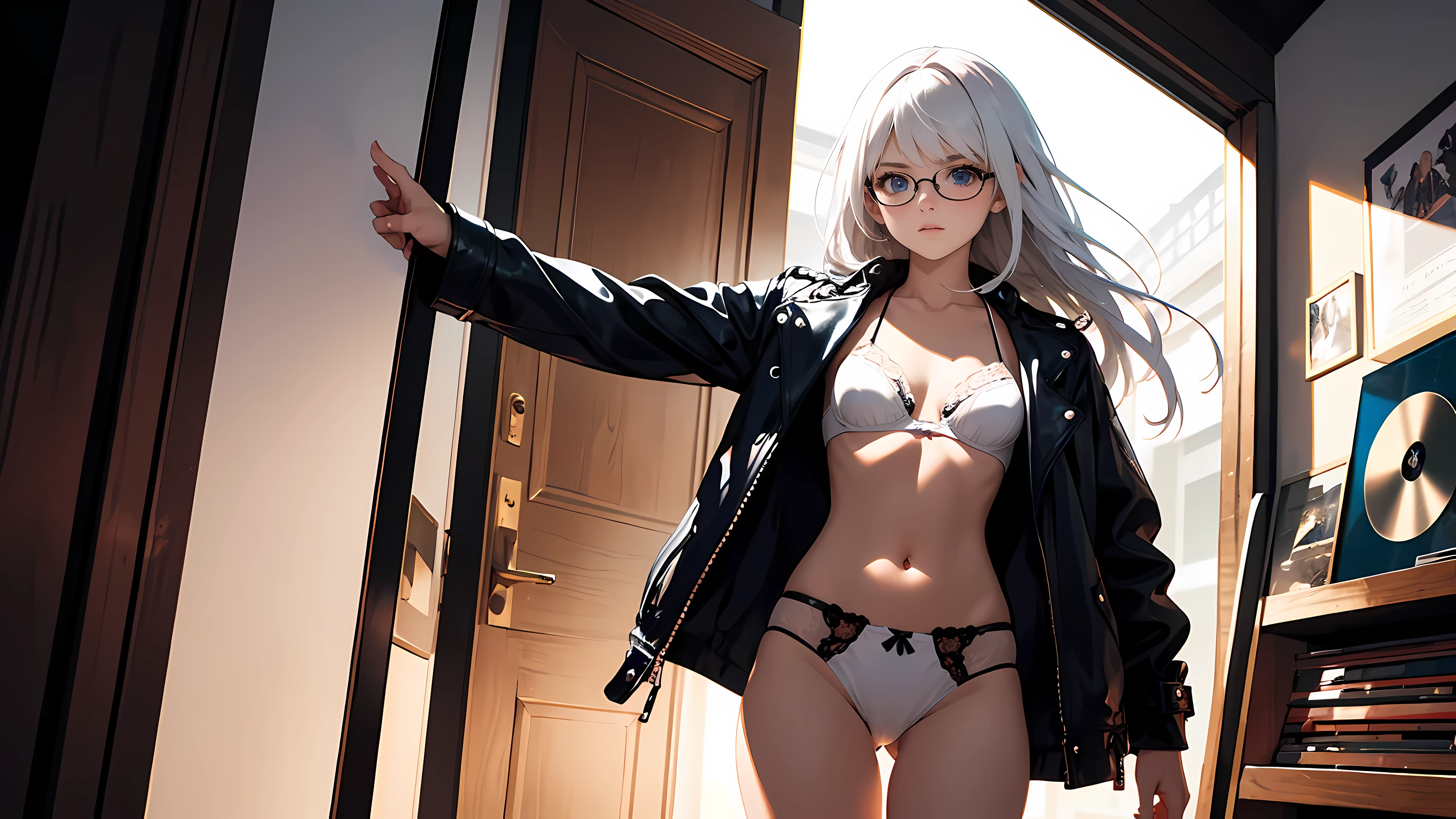 ((1girl)), one beautiful girl, detailed beautiful hair, detailed beautiful eyes, long white hair, small breasts, glasses, loose unzipped leather jacket, white bra, white panties, record store, records, vinyl, open door, open window, evening, nighttime, standing, dramatic pose, cowboy shot, cinematic lighting, dramatic lighting,