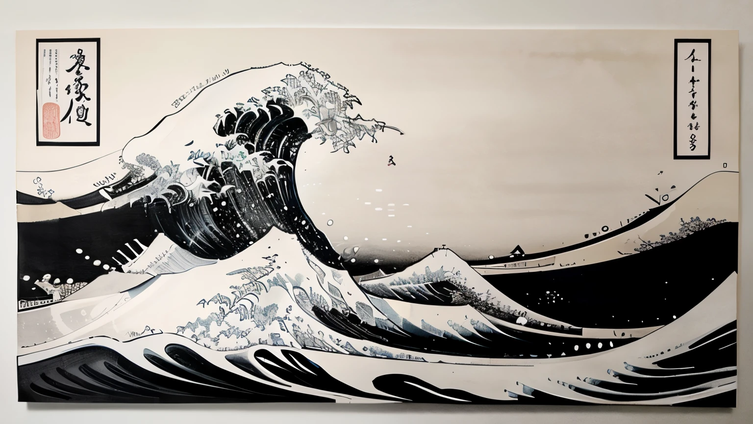 Japanese painting、Qinghai wave、black and white、line drawing、Uniform line width、Makie、Ukiyo-e、pattern、tradition、repetition、monochrome