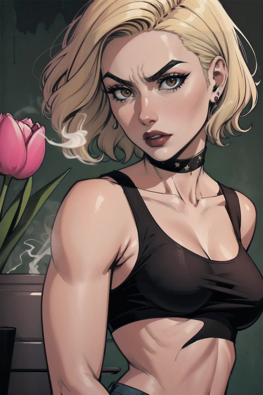 a woman with short blond hair, hair on shoulders,  wearing a red tank top, small breasts  and jeans, brown  eyes, wife of preacher, tulip ohare, toon aesthetic, wearing red lipstick,  look like tulip ohare (comics) (preacher) (vertigo), smoking, pointing a gun, serious face,  upper body, 