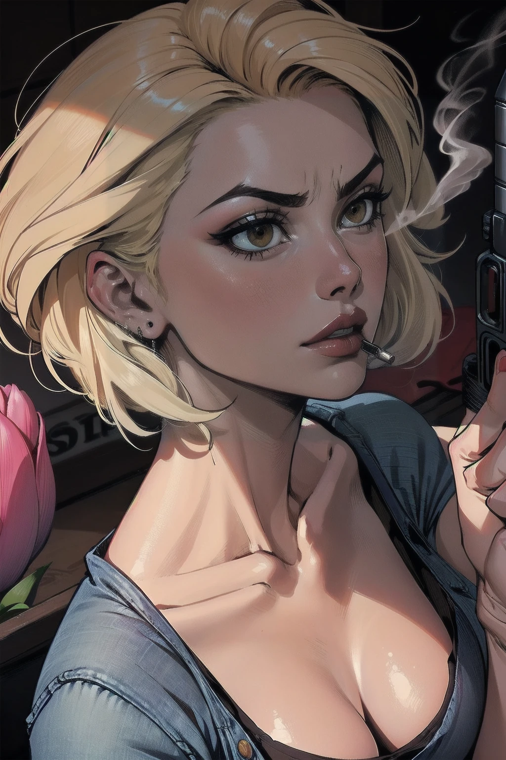 a woman with short blond hair, hair on shoulders,  wearing a red tank top, small breasts  and jeans, brown  eyes, wife of preacher, tulip ohare, toon aesthetic, wearing red lipstick,  look like tulip ohare (comics) (preacher) (vertigo), smoking, pointing a gun, serious face,  upper body, 