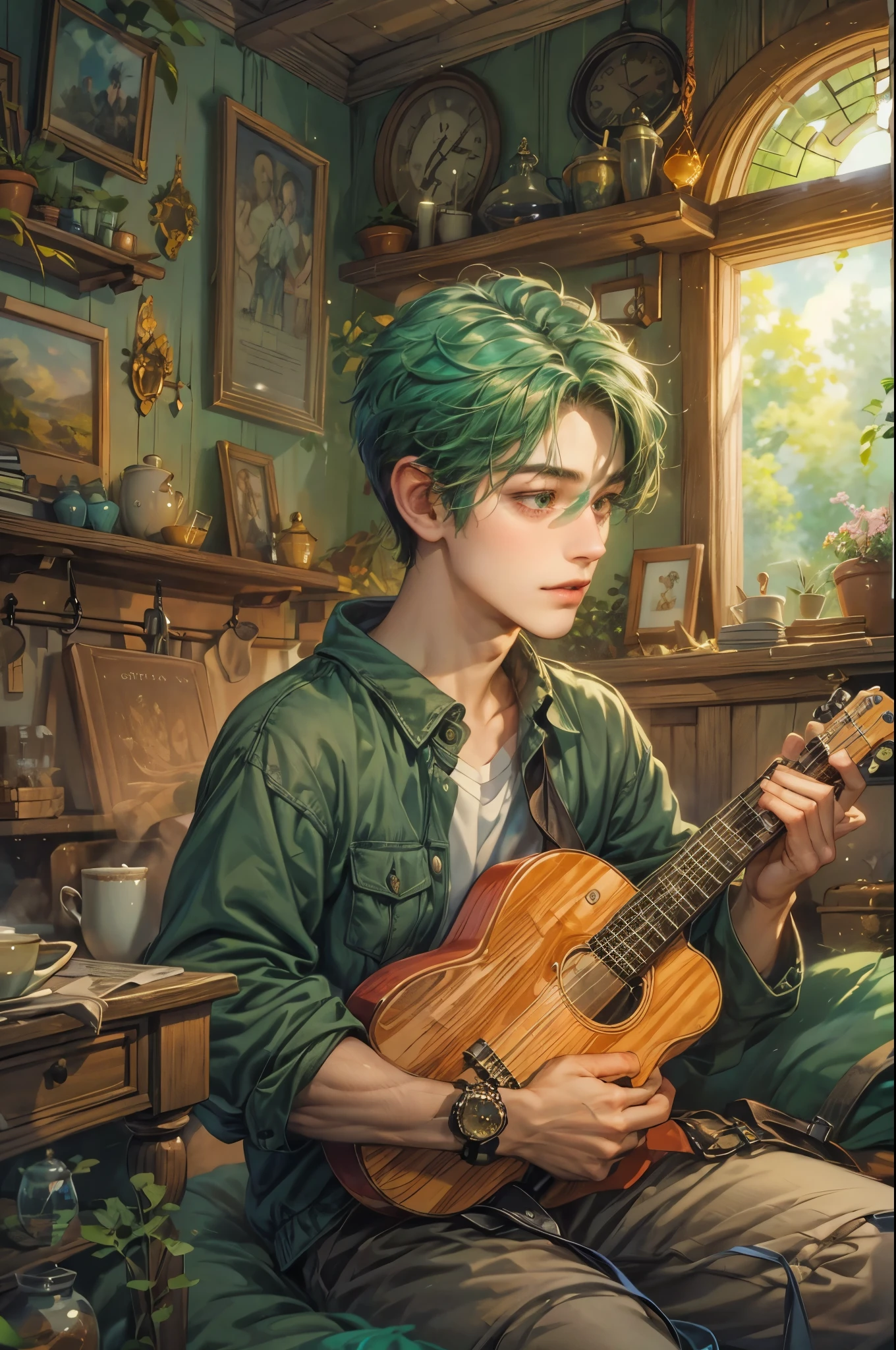 ((Best quality)), ((masterpiece)), (detailed), ((perfect face)), ((halfbody)) handsome young boy artist, green hair, engaging in various activities within his cozy home nestled in a serene forest. Capture moments of his daily life, such as using his smartphone, digital painting, reading, playing a musical instrument, or enjoying a cup of tea, as he explores his creativity and self-discovery, all while surrounded by the warmth and comfort of his sanctuary