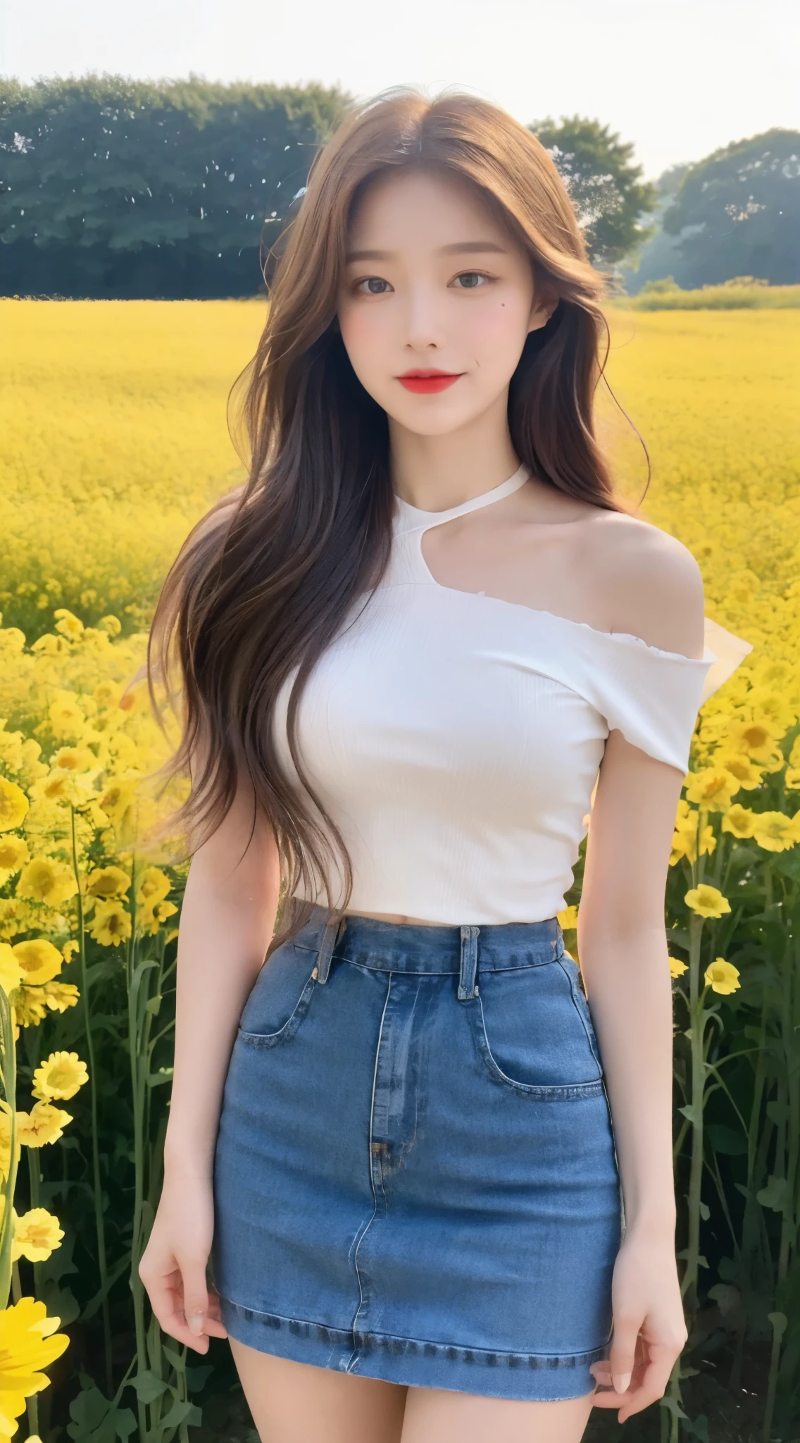A girl about 20 years old, simple, Very beautiful and delicate., (light makeup), brown hair, sweet laugh, delicate and beautiful fair skin, realistic and realistic, Exquisite and perfect facial features, Detailed facial description, high nose bridge, red lips, Beautiful and gentle beautiful girl, soft flowing hair, very delicate hair, gentle temperament, face light, 초realistic, realistic, 8K quality, extreme details, realistic details, master work, realistic extreme, body, very beautiful, pure desire, amazing beauty, unrivaled beauty, best picture quality, 8K resolution, goddess, laugh, good facial features, hair over shoulders, brown hair, long thick legs, (((high waist french top)))), (((short skirt))), sunlight, towards the camera, 균형이 잘 잡혀 있고 탄탄한 body매, soft eyes, exposed thighs, standing posture, Standing at the edge of the rape flower field, full body photo
