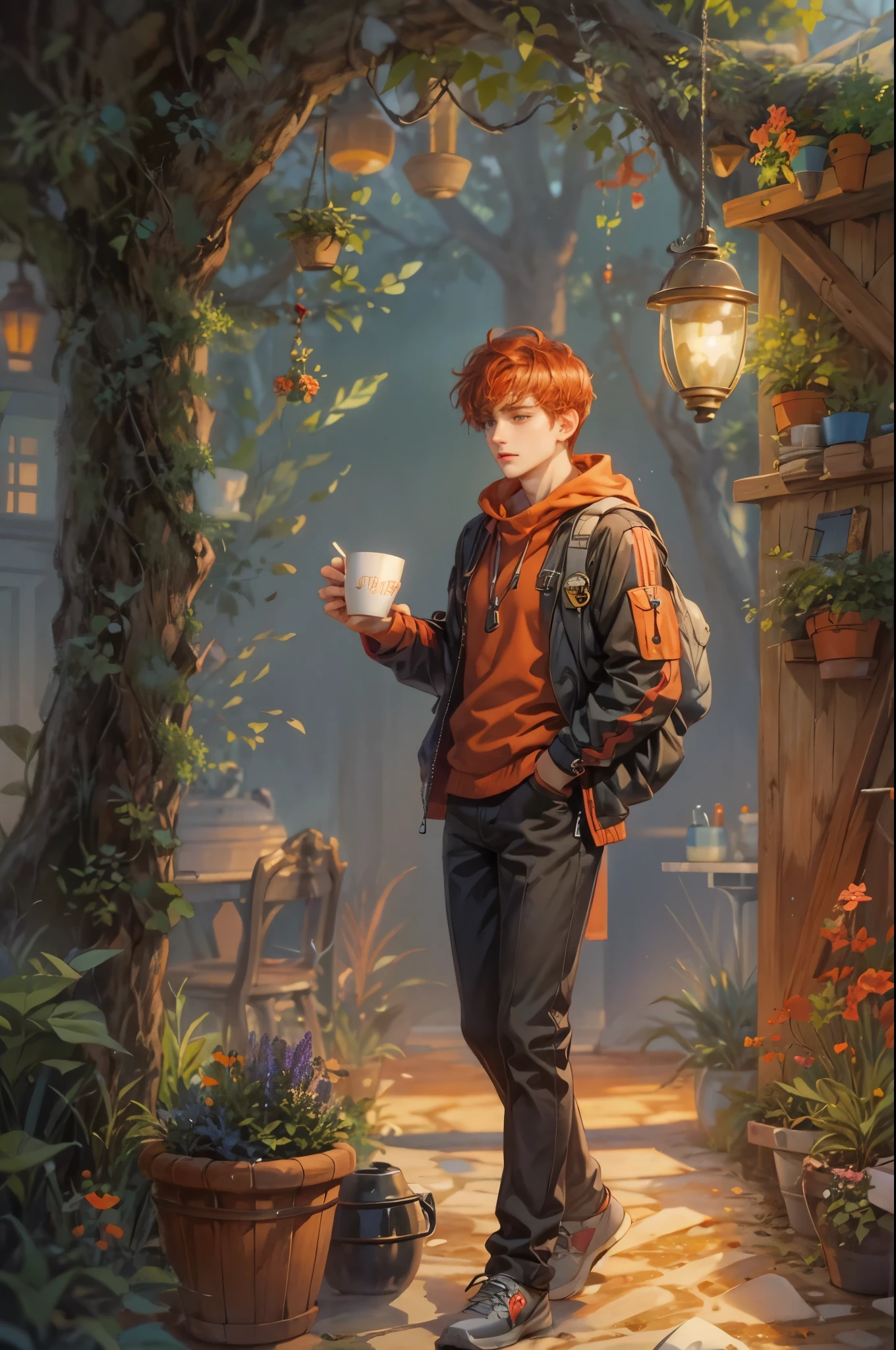 ((Best quality)), ((masterpiece)), (detailed), ((perfect face)), ((halfbody)) handsome young boy artist, red hair, engaging in various activities within his cozy home nestled in a serene forest. Capture moments of his daily life, such as playing ps5, using his smartphone, digital painting, reading, playing a musical instrument, or enjoying a cup of tea, as he explores his creativity and self-discovery, all while surrounded by the warmth and comfort of his sanctuary